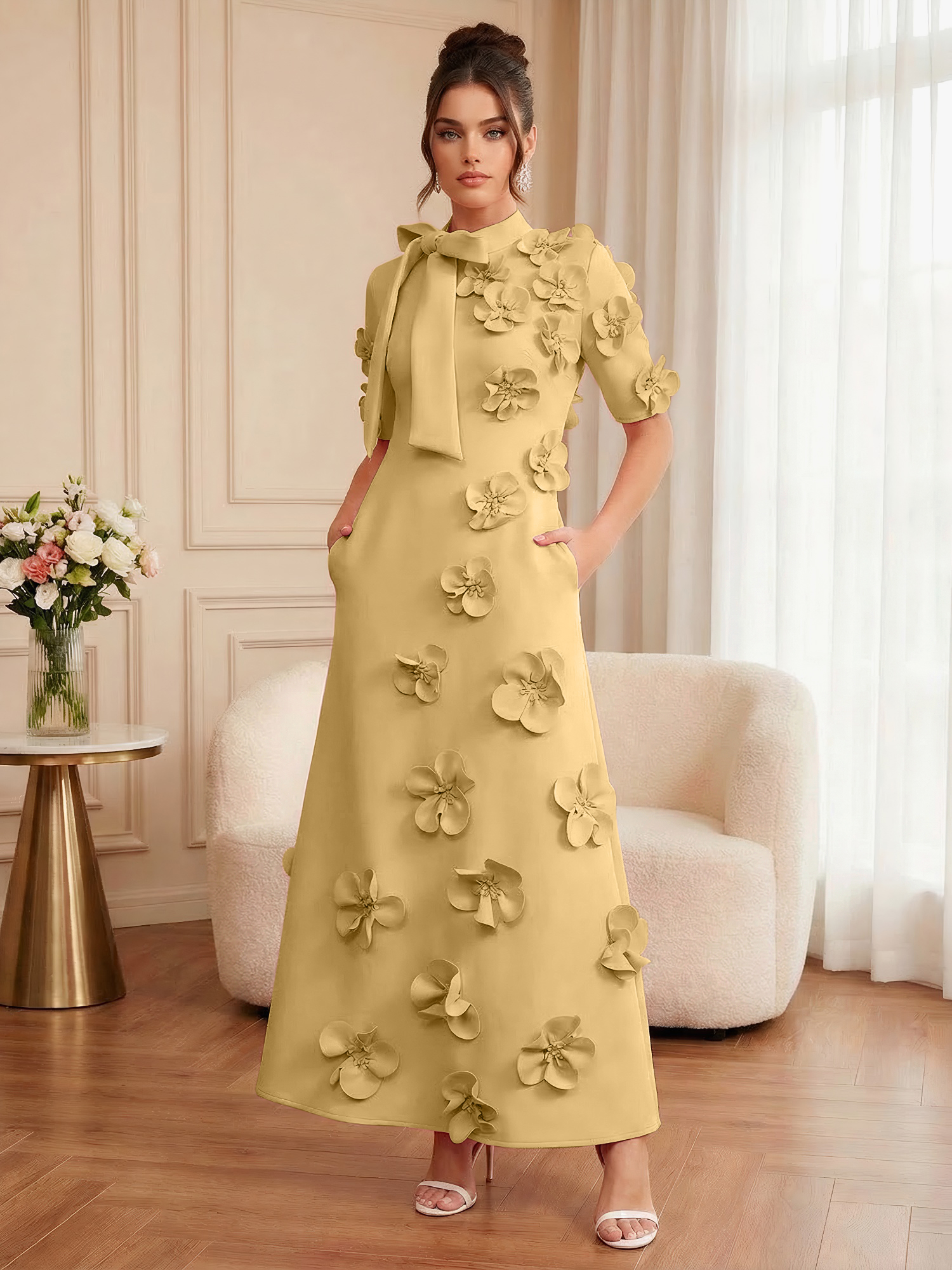 Pink Short Sleeve 3D Floral Maxi Dress Gown