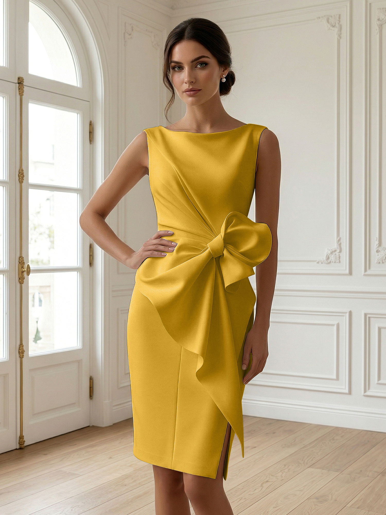 White 3D Bow Sleeveless Sheath Midi Dress Evening Gown