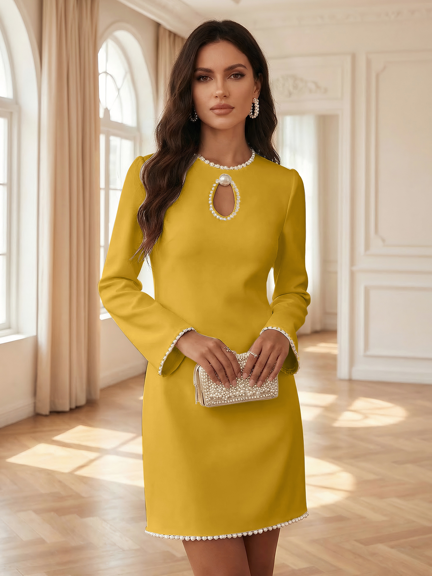 White Pearl Hollow Out Classic Crew Neck Long Sleeve Shift Mini Dress Gown