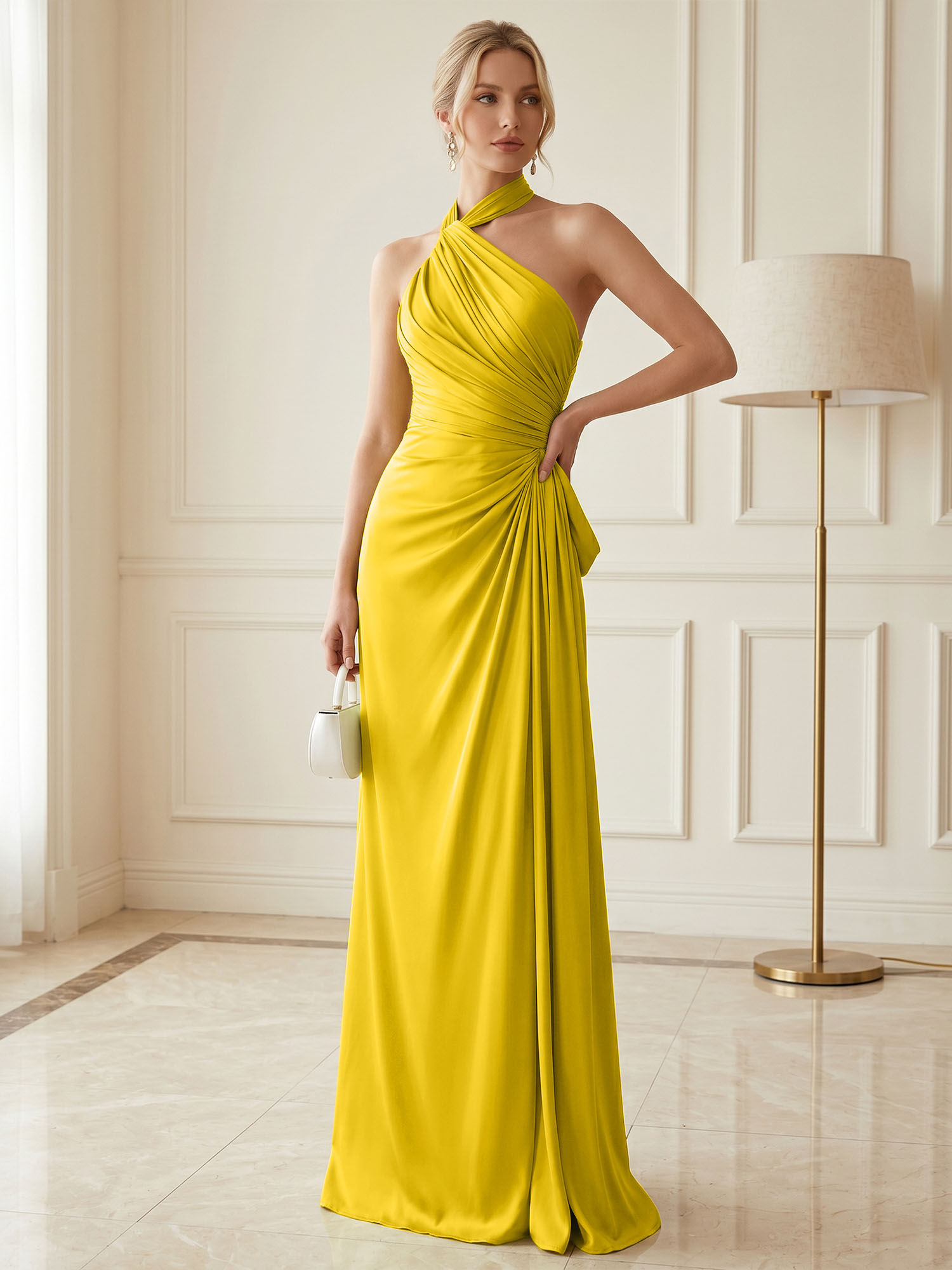 Chartreuse Glow Ruched Halter Satin Evening Dress
