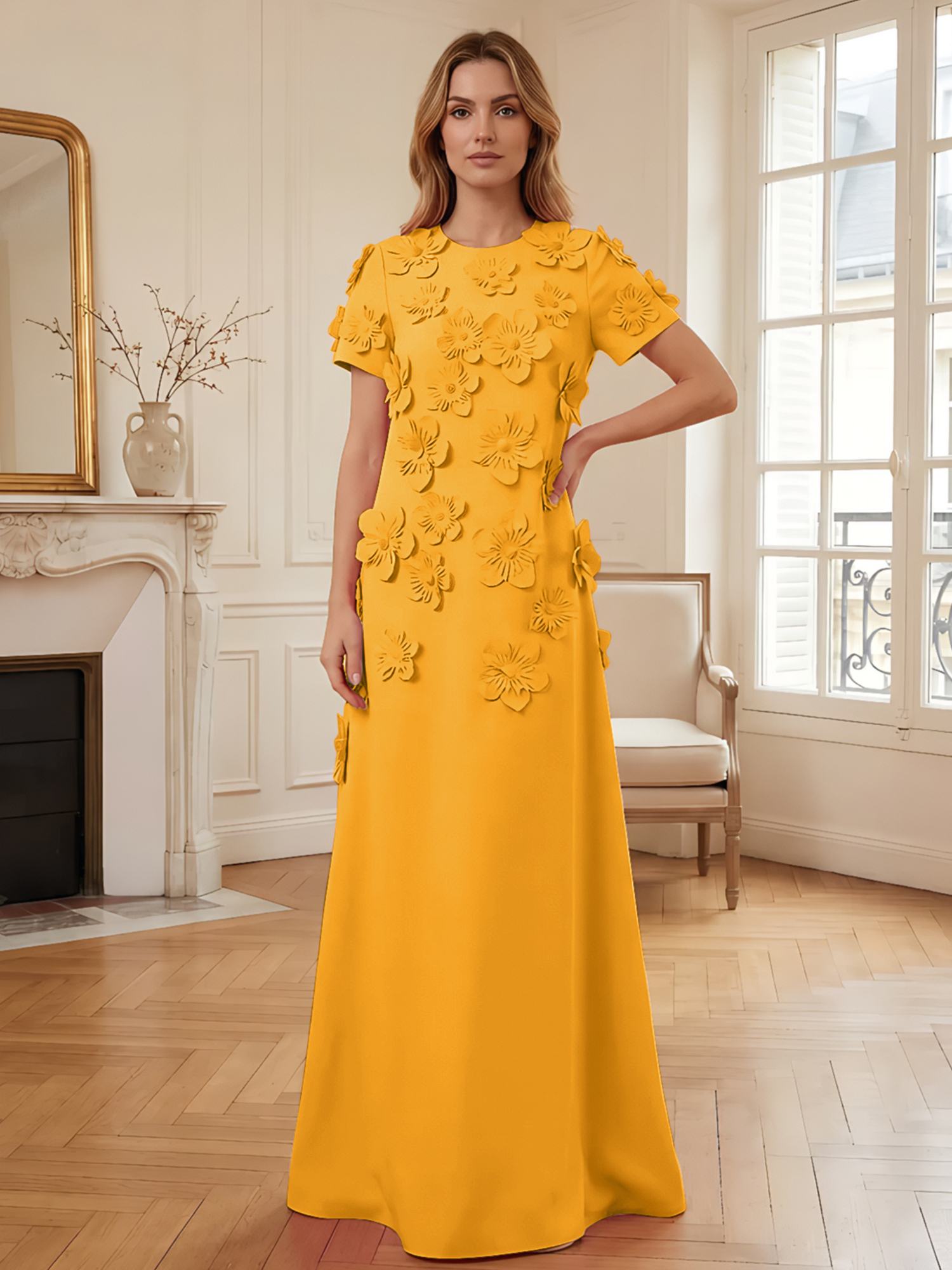 3D Floral Applique Short-Sleeve Column Evening Gown