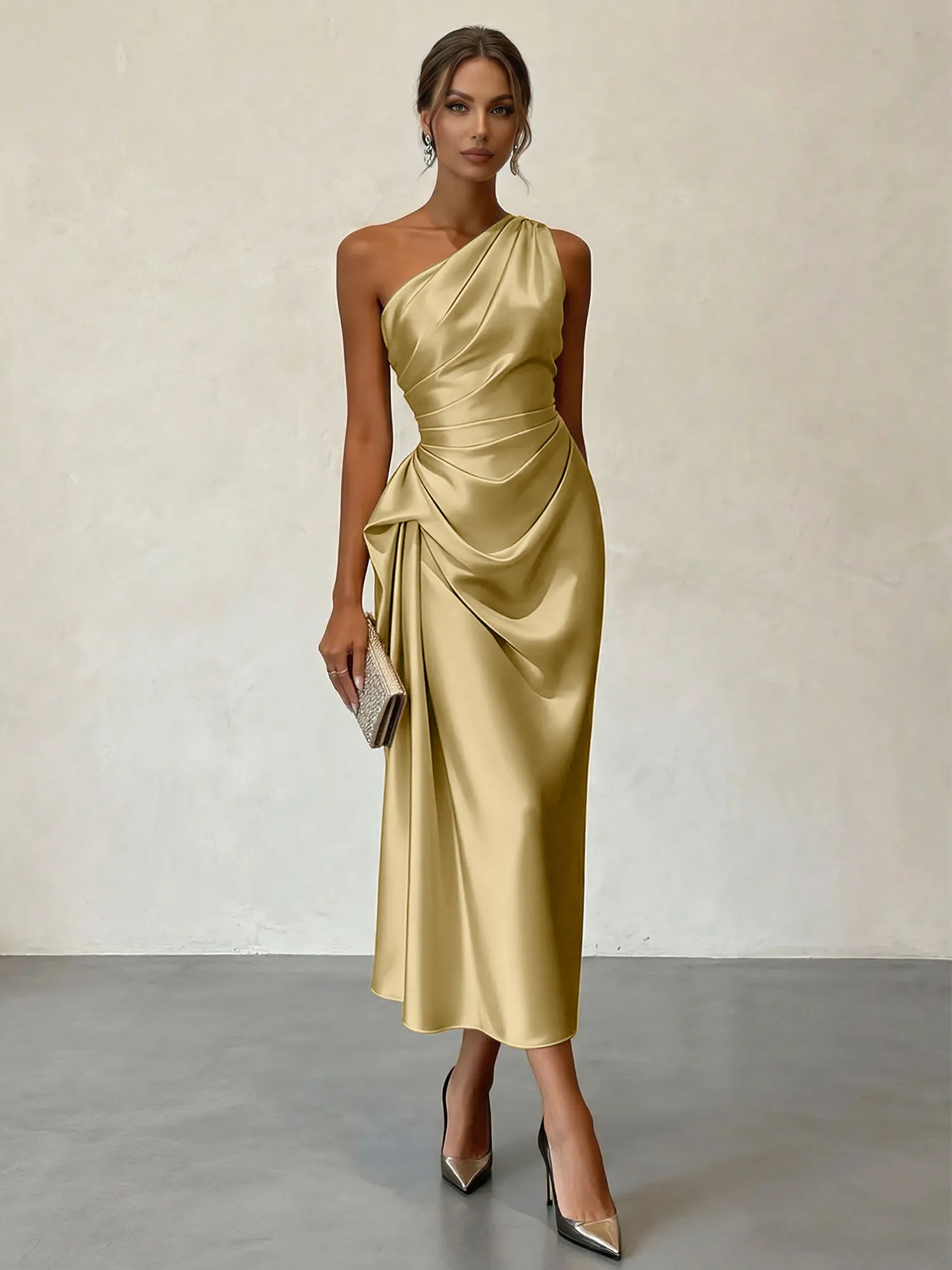 One-Shoulder Ruched Satin Midi Evening Dress with Draped Detail