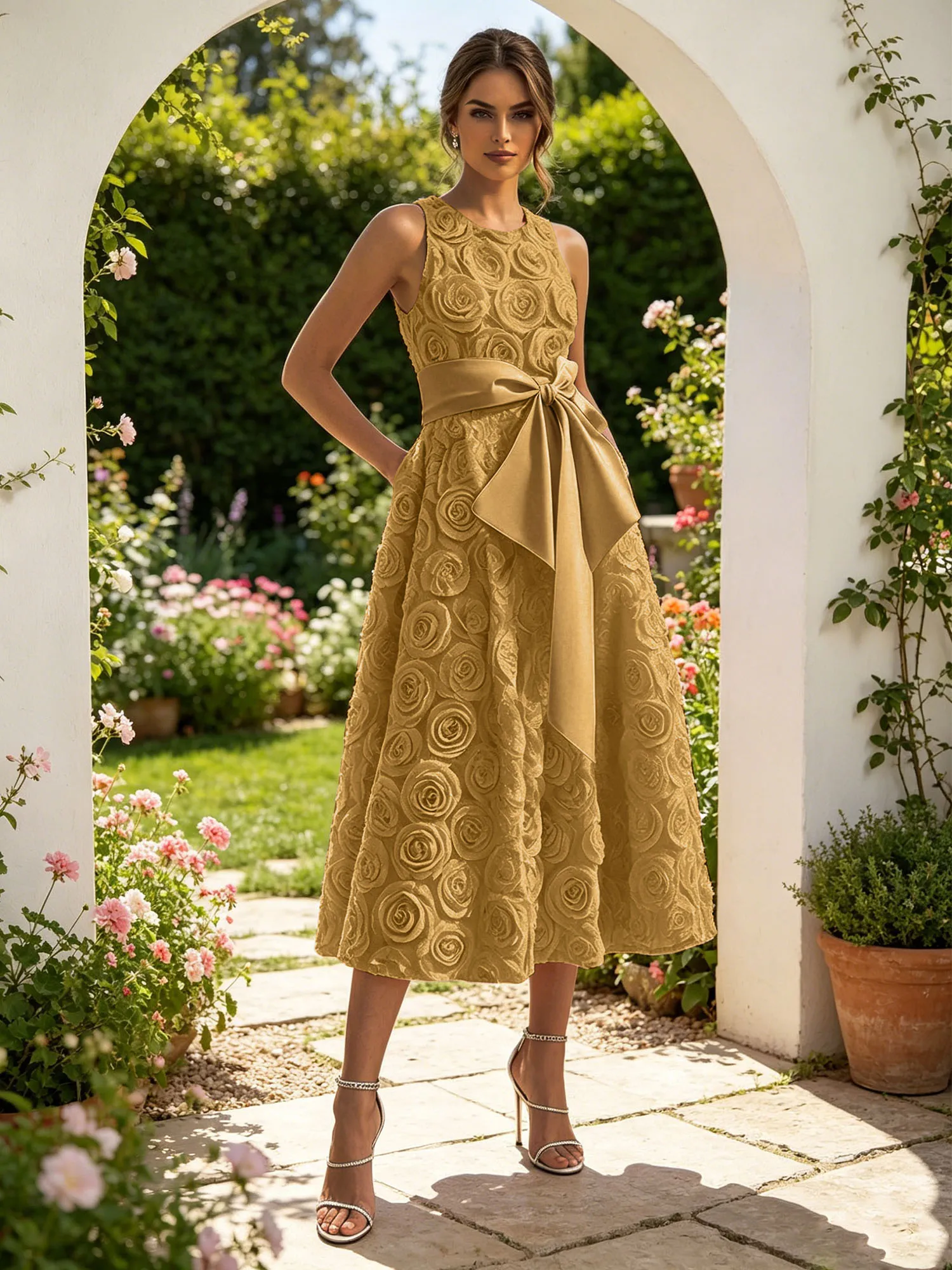 Sleeveless 3D Rose Midi Evening Dress with Satin Bow Sash