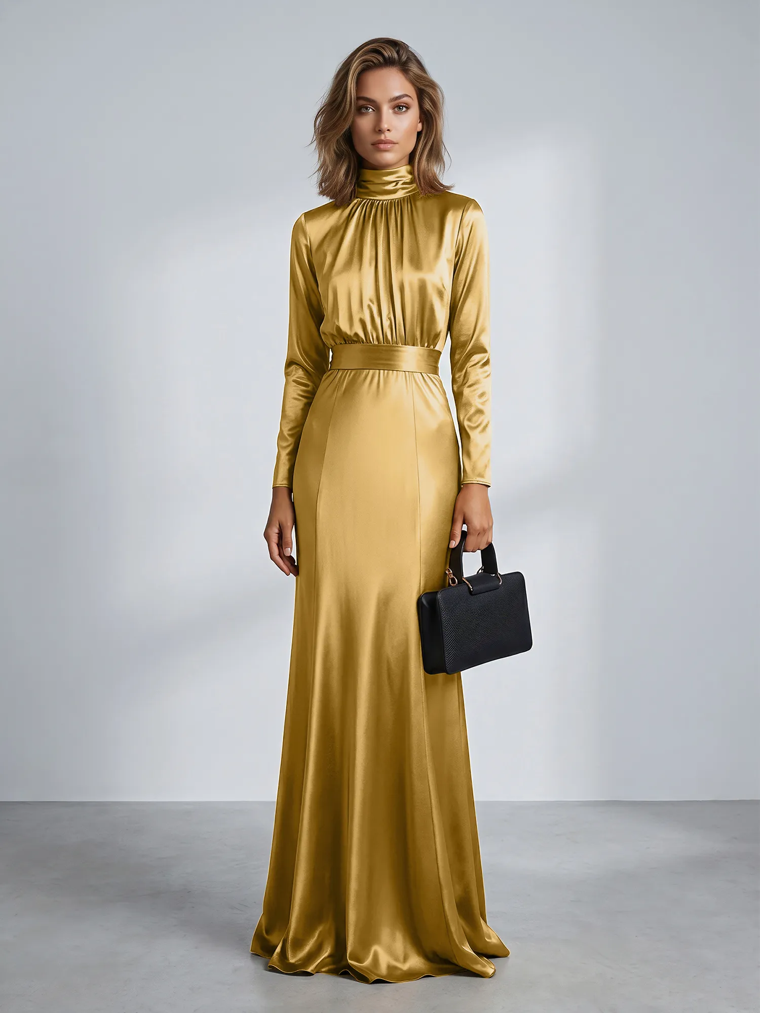High Neck Long Sleeve Satin Mermaid Evening Gown with Waist Sash