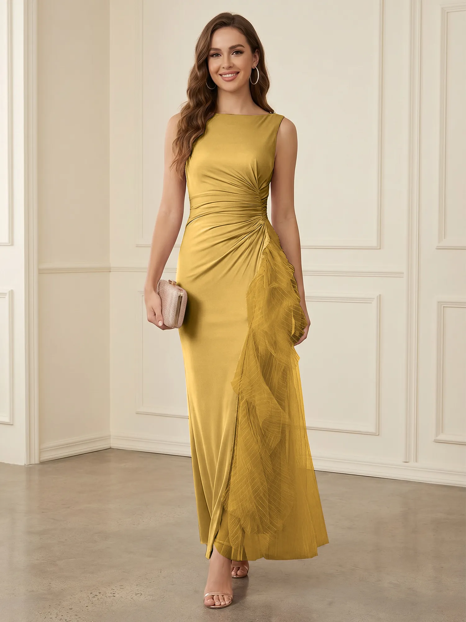 Sleeveless Ruched Sheath Evening Gown with Tulle Ruffle Detail