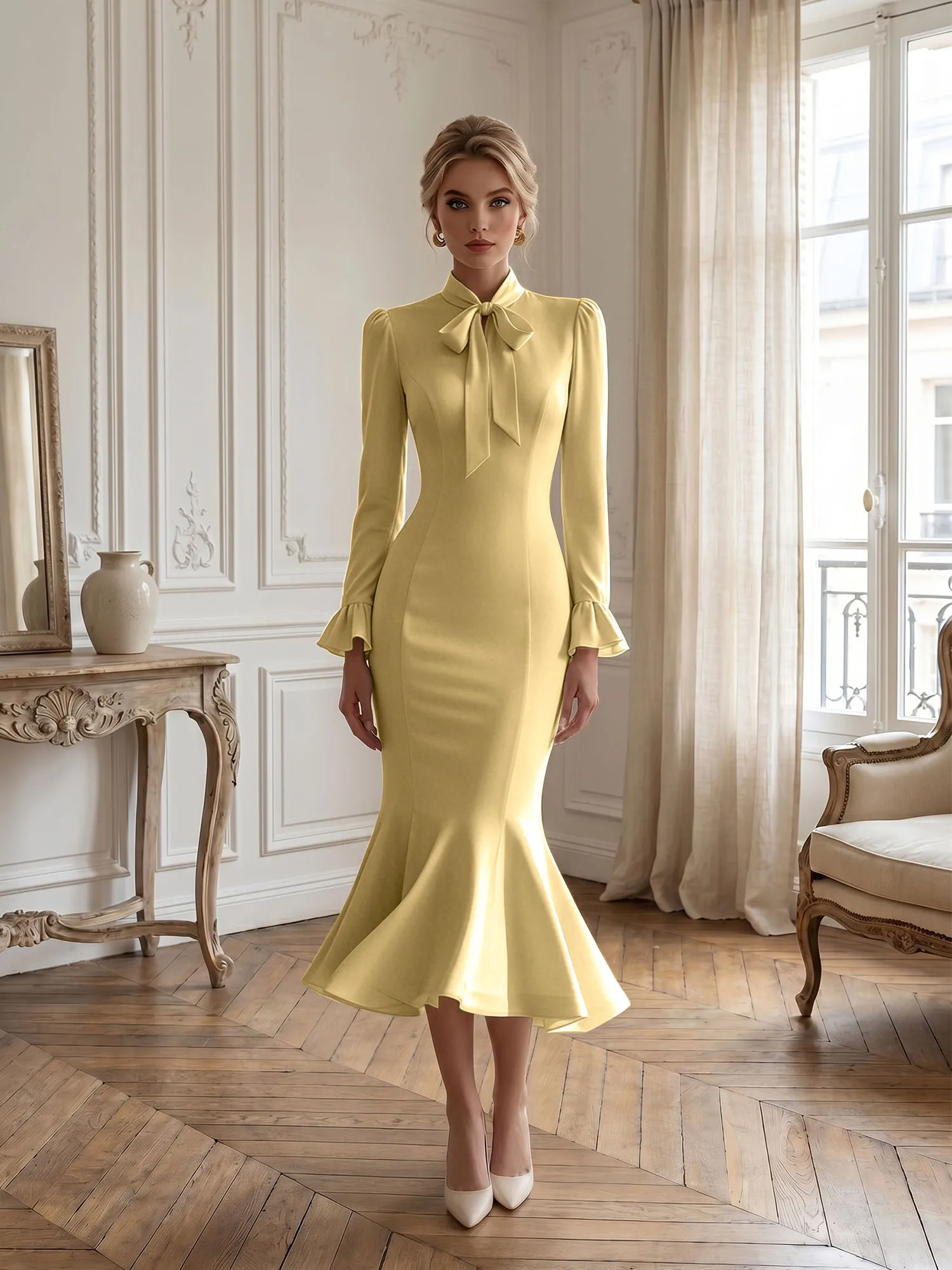 High Neck Bow Tie Long Sleeve Midi Mermaid Evening Dress