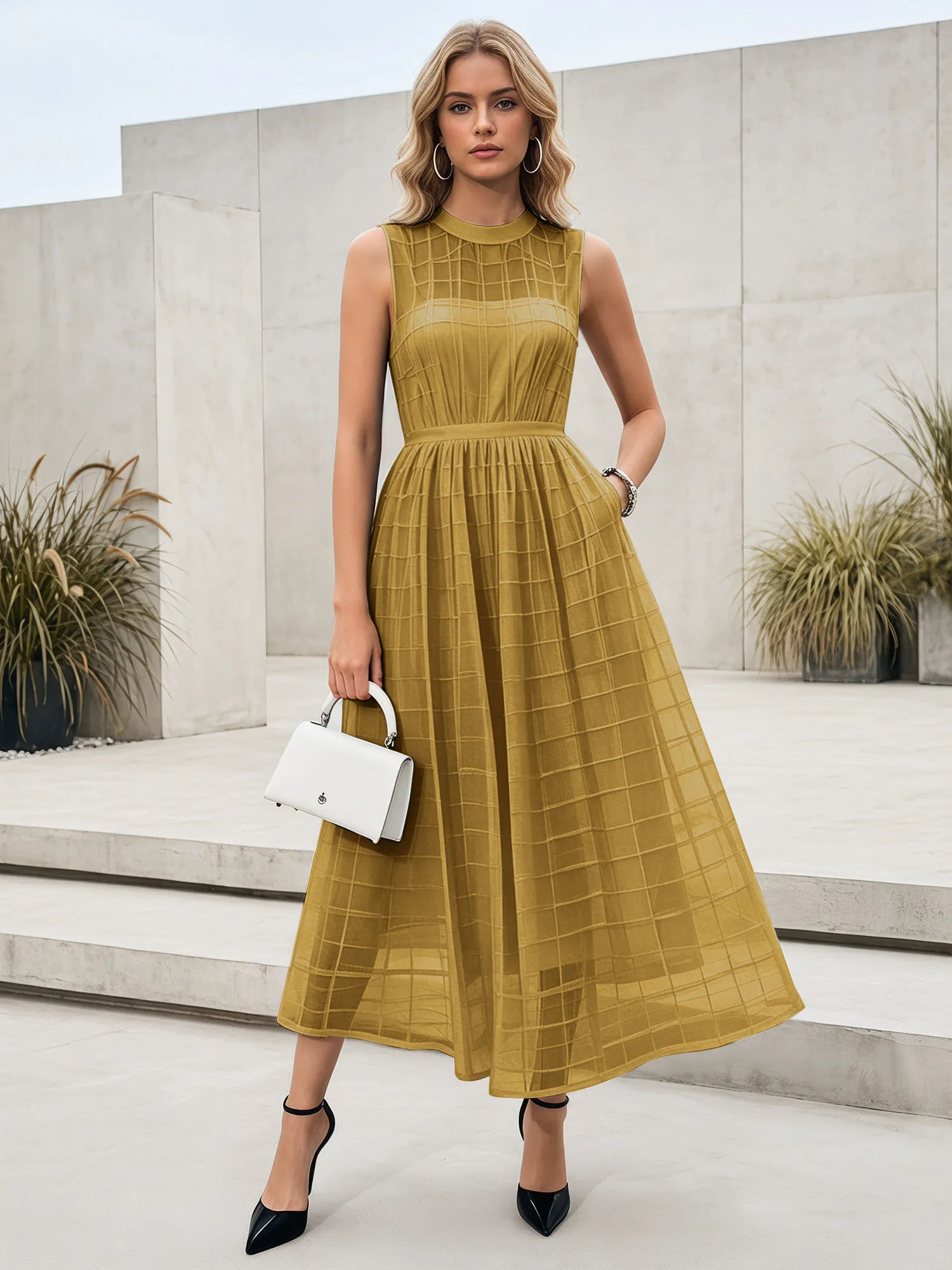 Sleeveless Grid Mesh A-Line Midi Evening Dress
