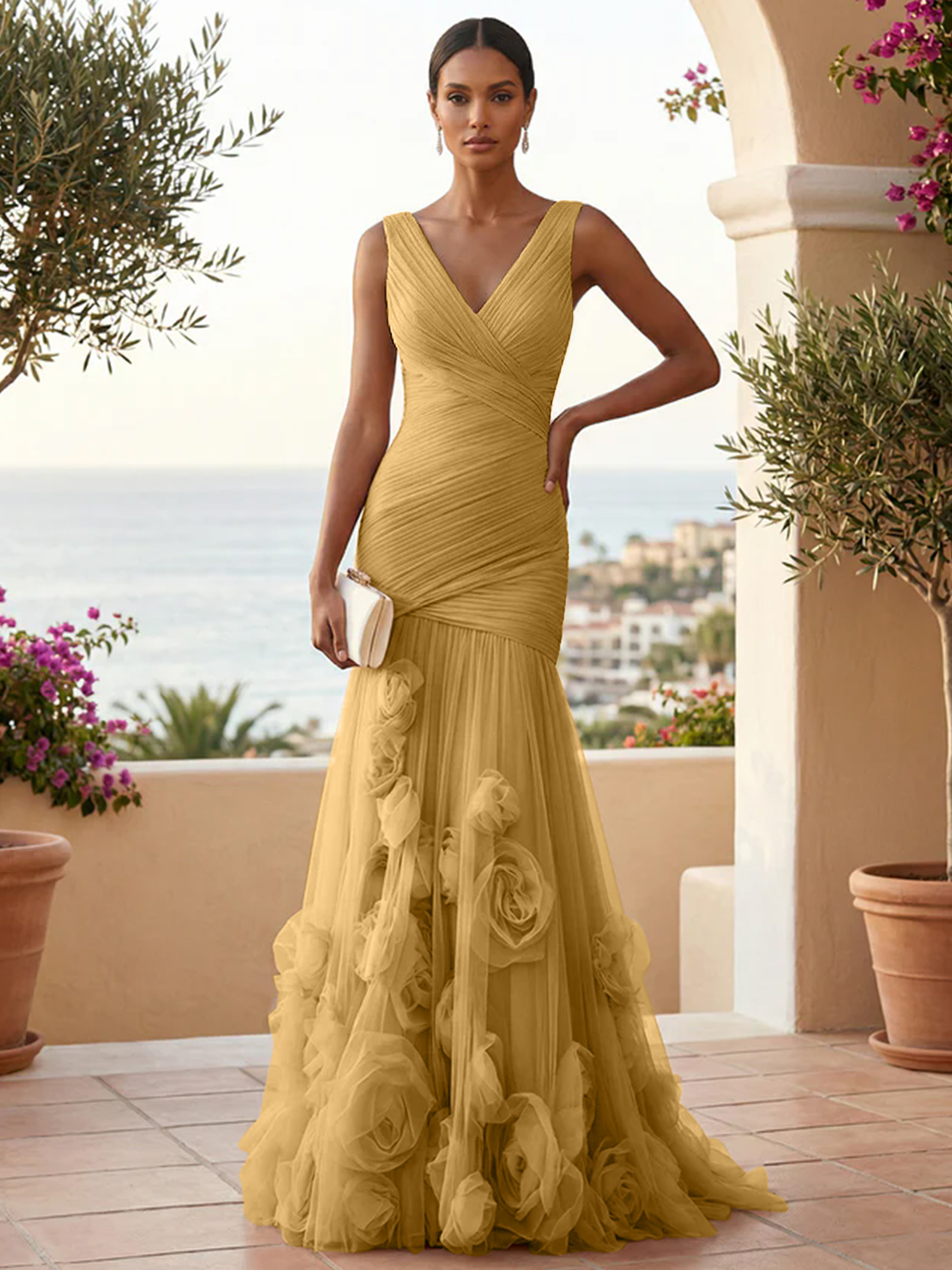 Sweetheart Tulle V Neck Pleat Mermaid Evening Dresses with 3D Flower