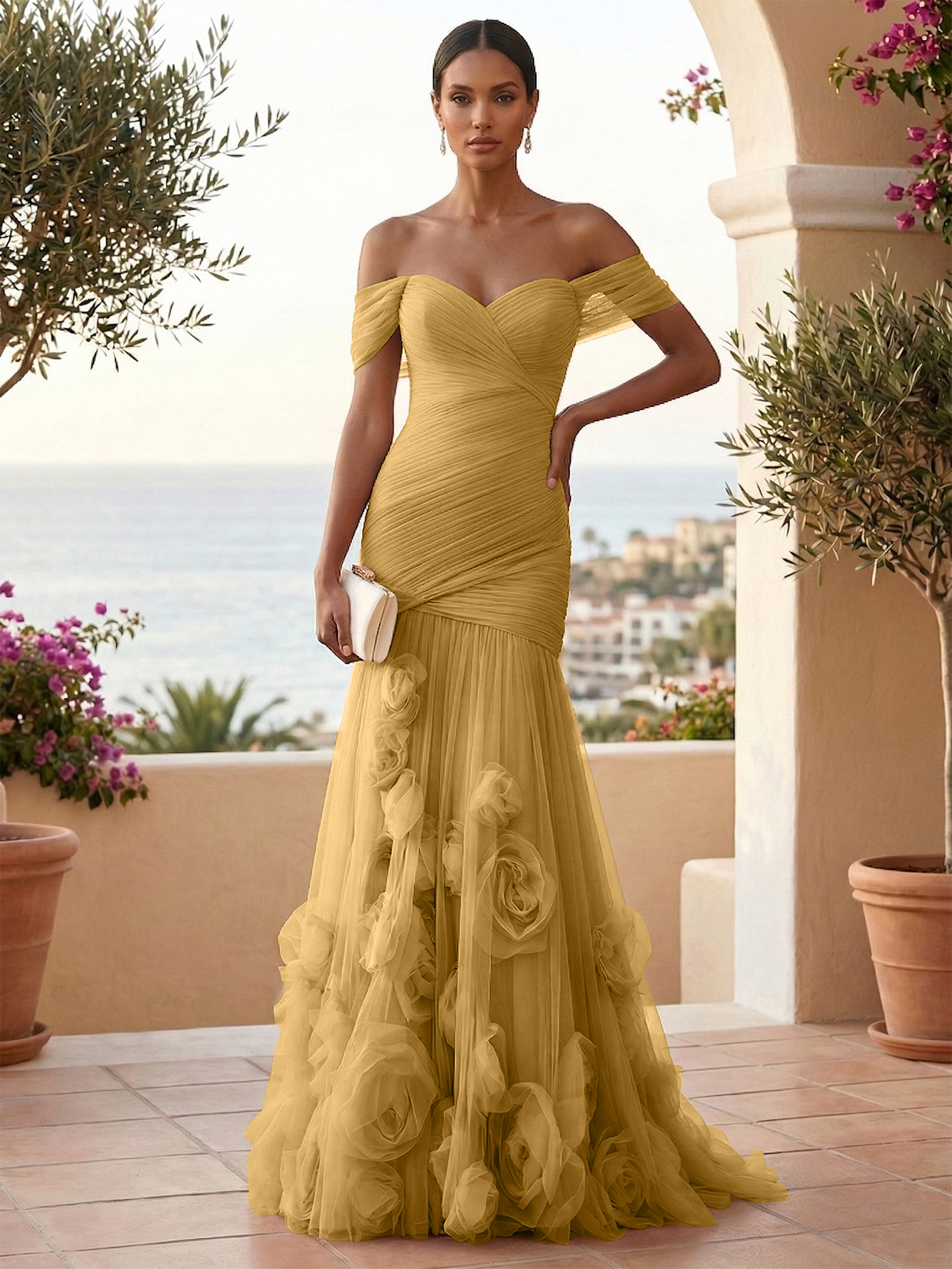 Sweetheart Tulle Off the Shoulder Pleat Mermaid Evening Dresses with 3D Flower