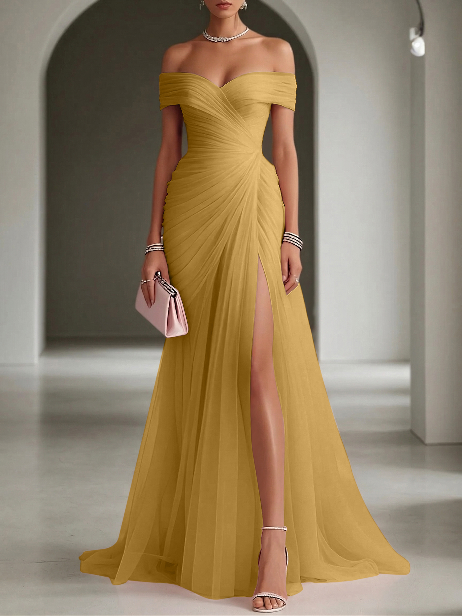 Blush Ruched Slit Tulle Off the Shoulder Sleeveless Sheath Gown Dress