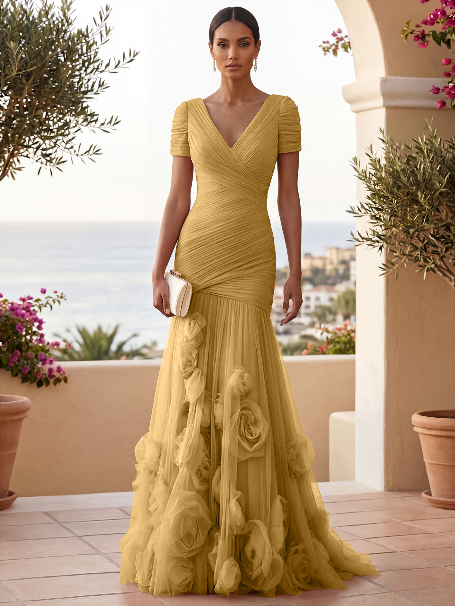 Sweetheart Tulle Short Sleeves Pleat Mermaid Evening Dresses with 3D Flower