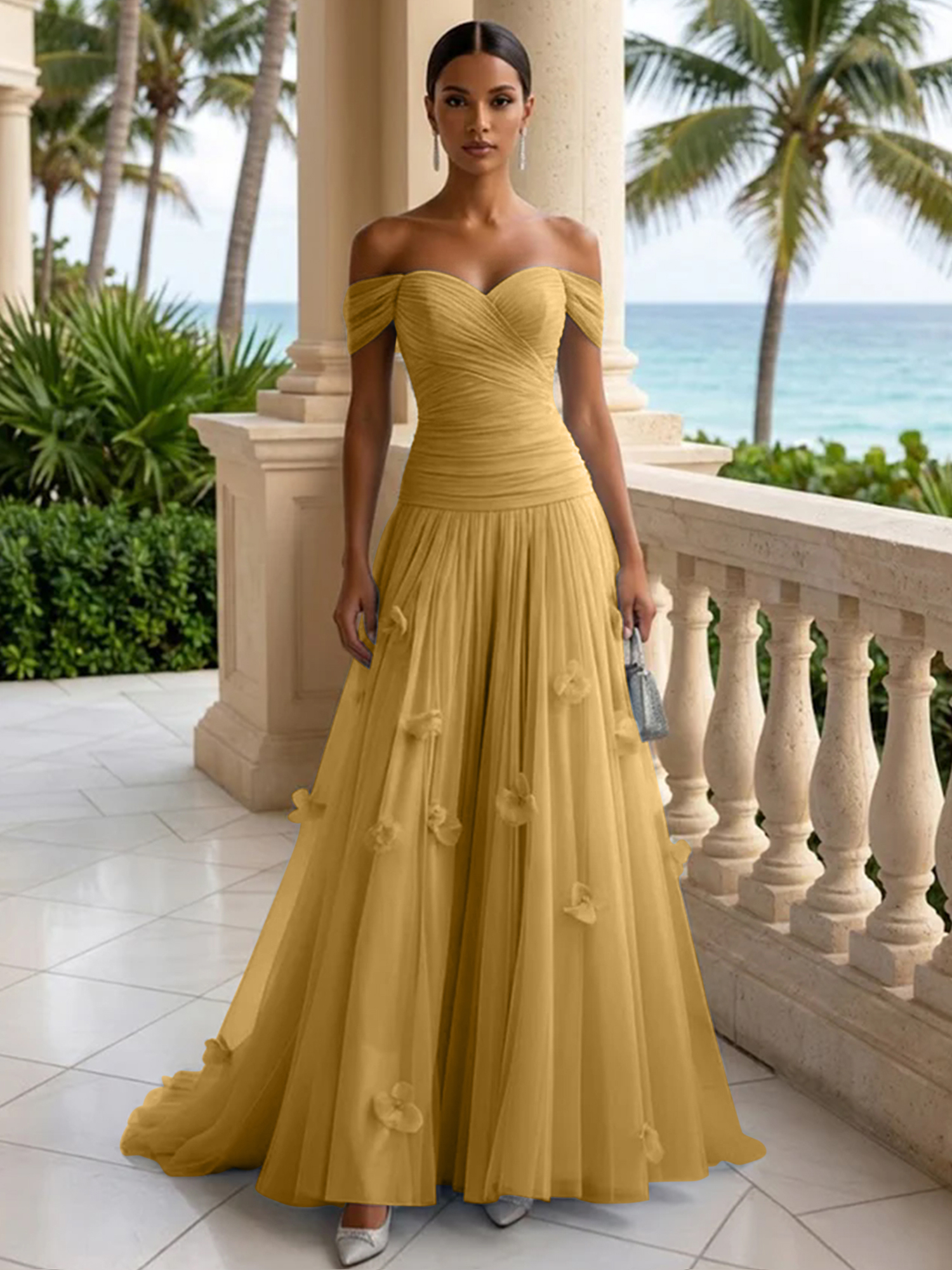 Elegant Off-the-Shoulder Ruched Tulle A-Line Evening Gown with 3D Floral Appliqués