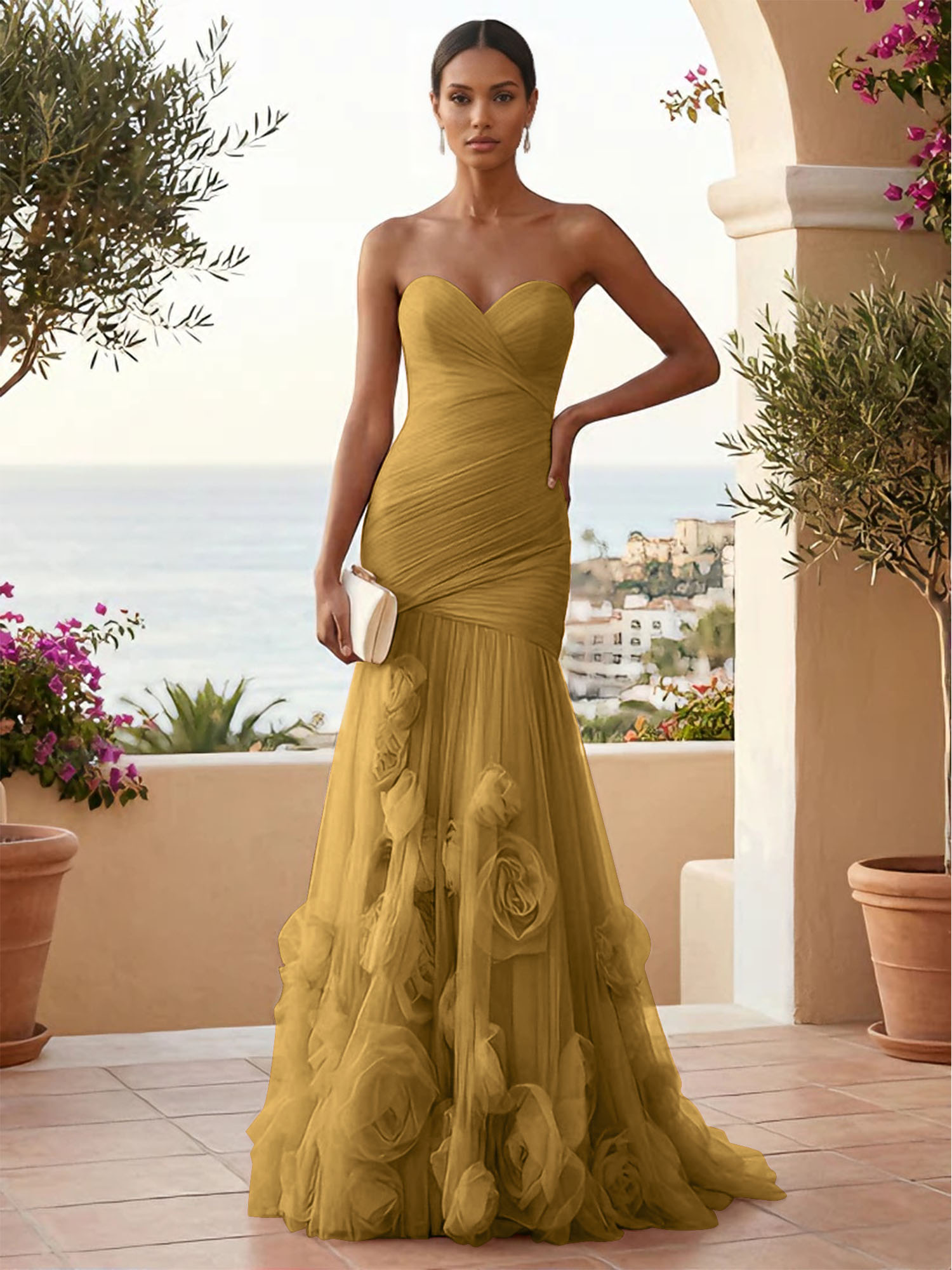 Sweetheart Tulle Pleat Mermaid Evening Dresses with 3D Flower