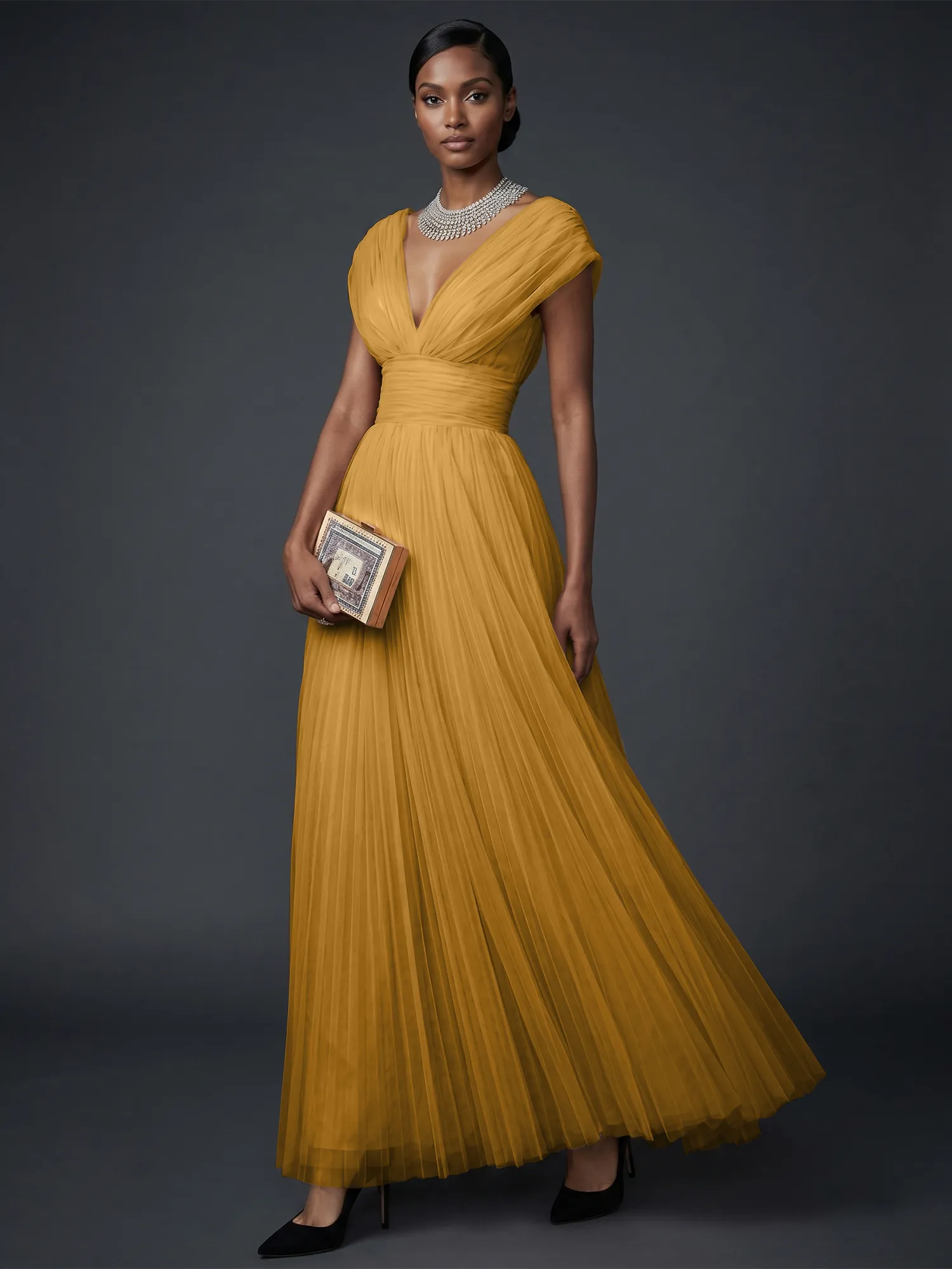 Draped V-Neck Pleated Tulle Evening Gown Maxi Dress
