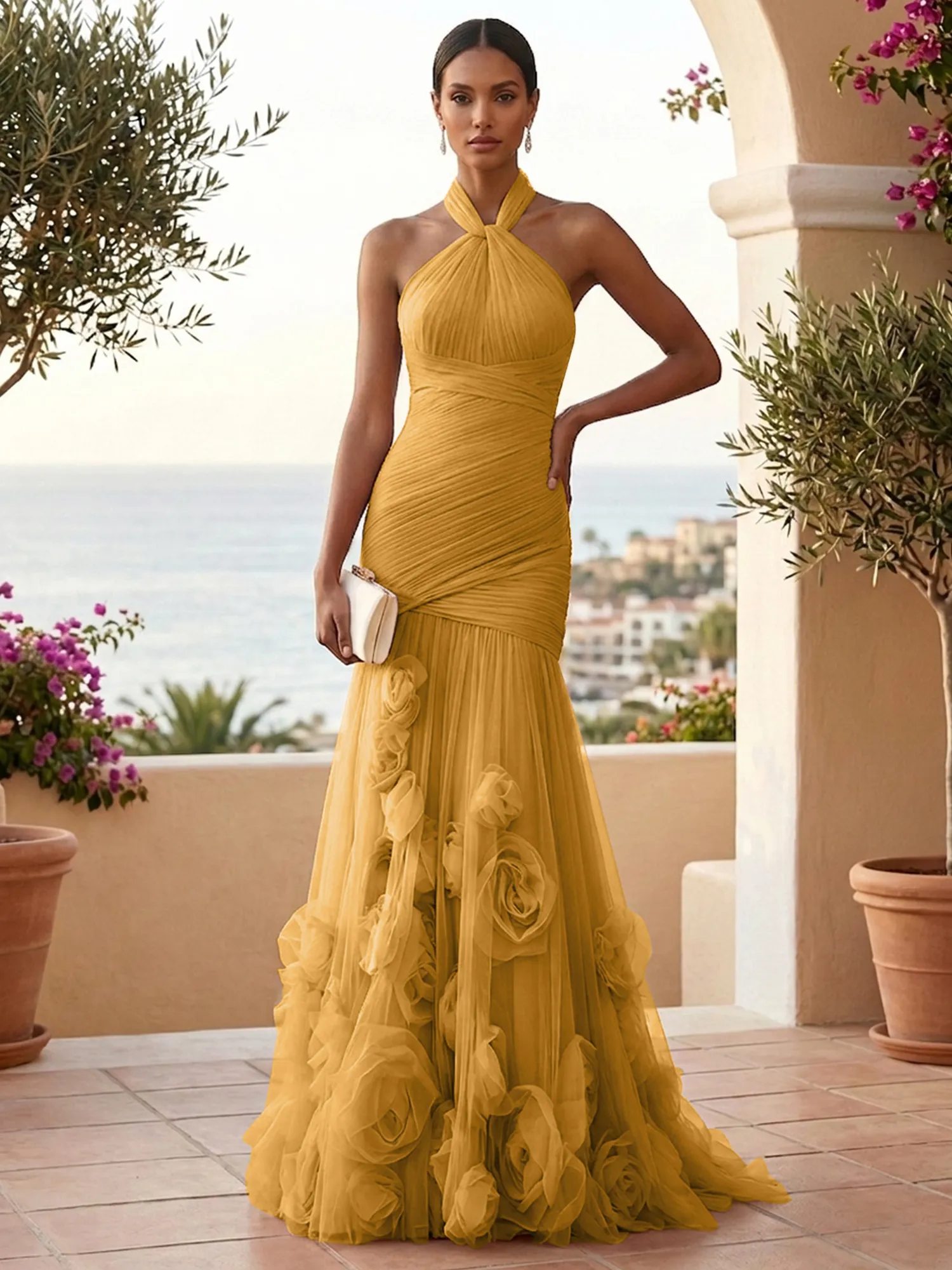 Halter Neck Ruched Tulle Mermaid Gown with 3D Floral Appliqués