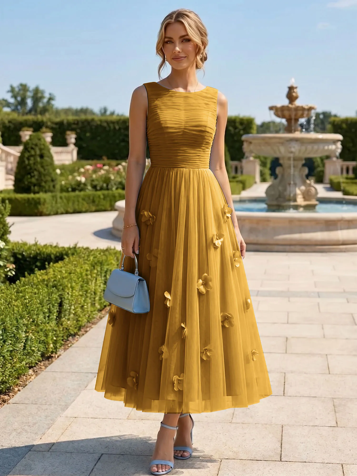 A Line Sleeveless Tulle Midi Dress with 3D Floral Appliqués
