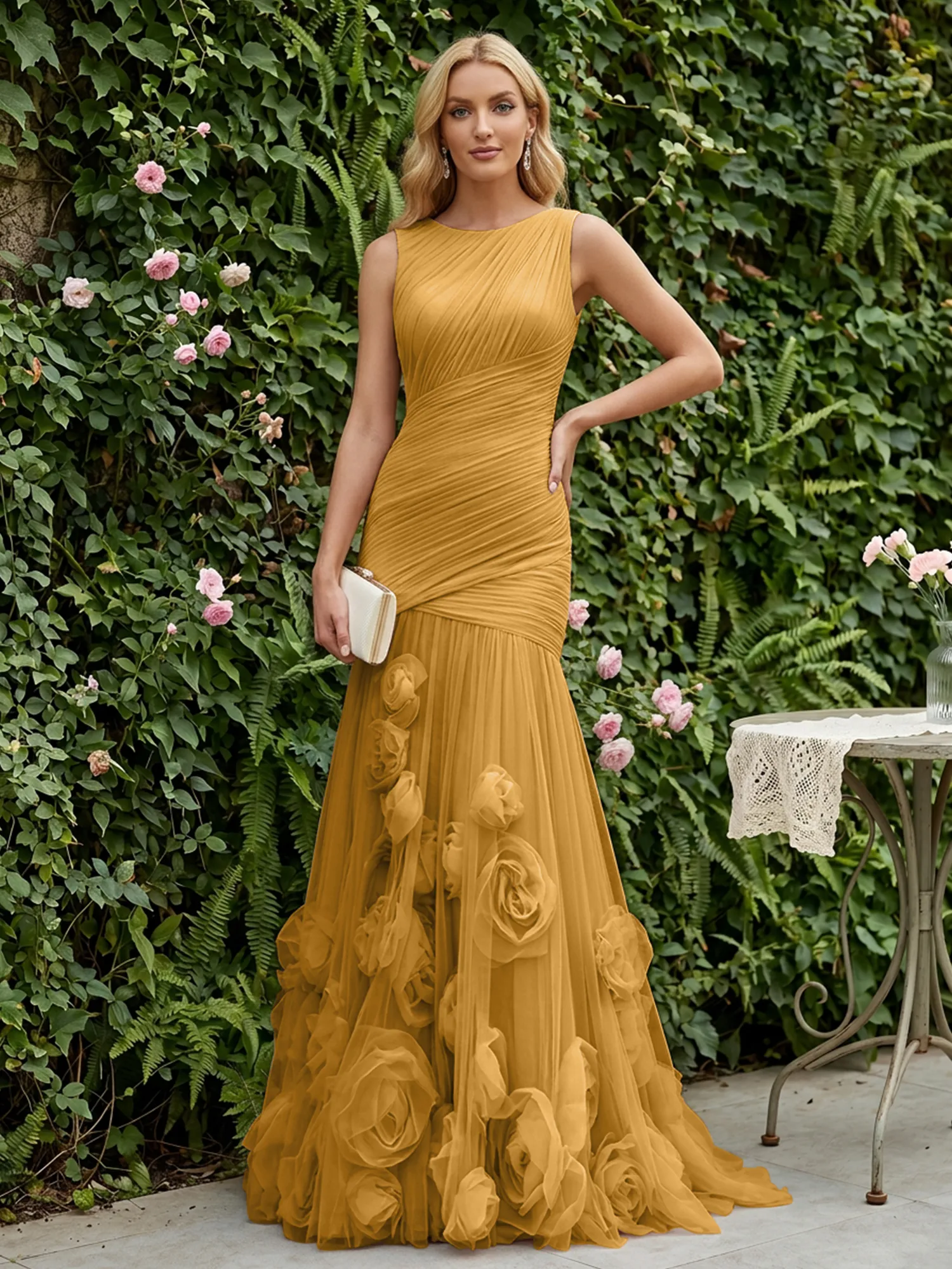 Round Neck Ruched Tulle Mermaid Gown with 3D Floral Appliqués