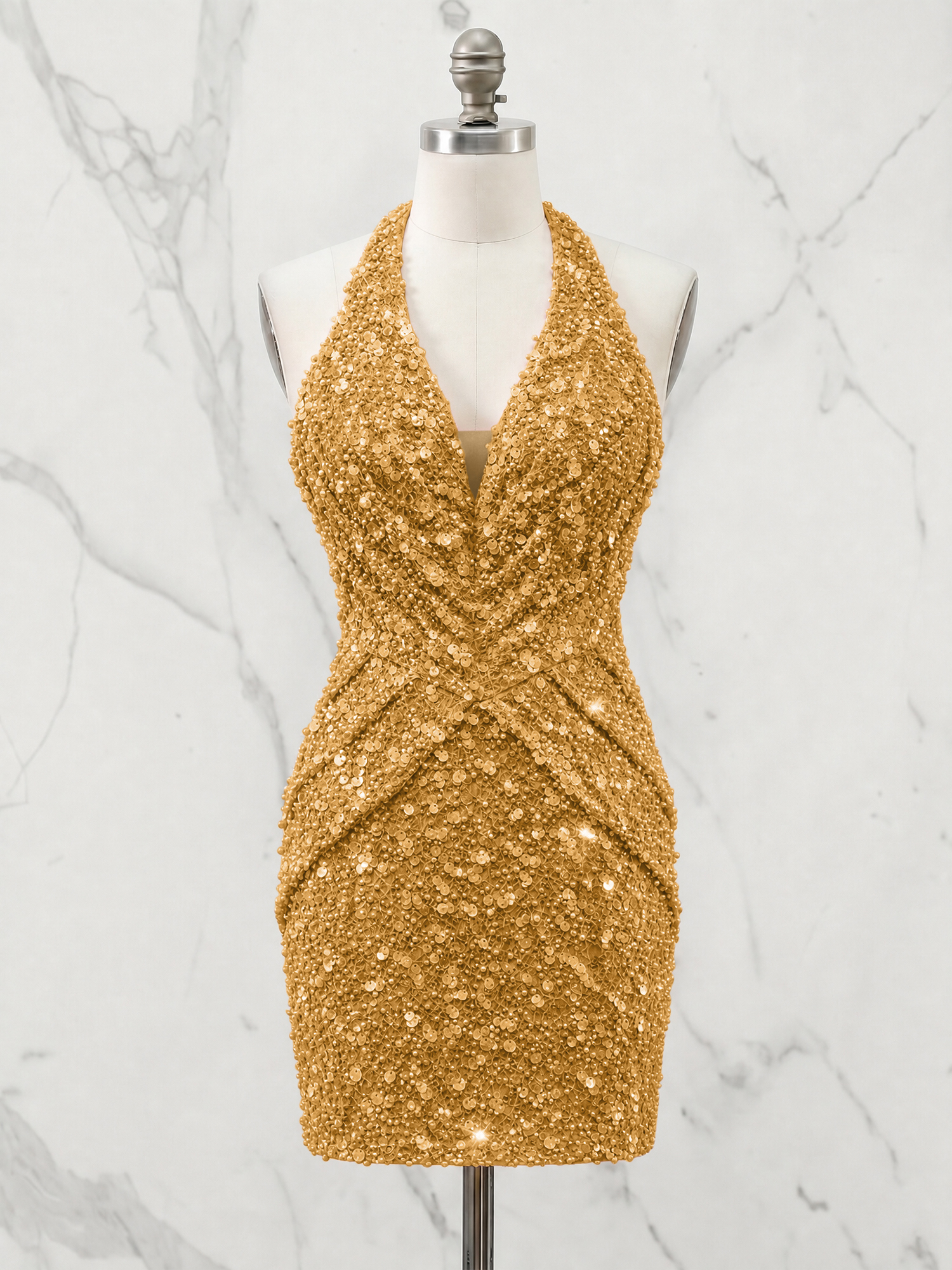 Halter Neck Sequin-Embellished Homecoming Dress