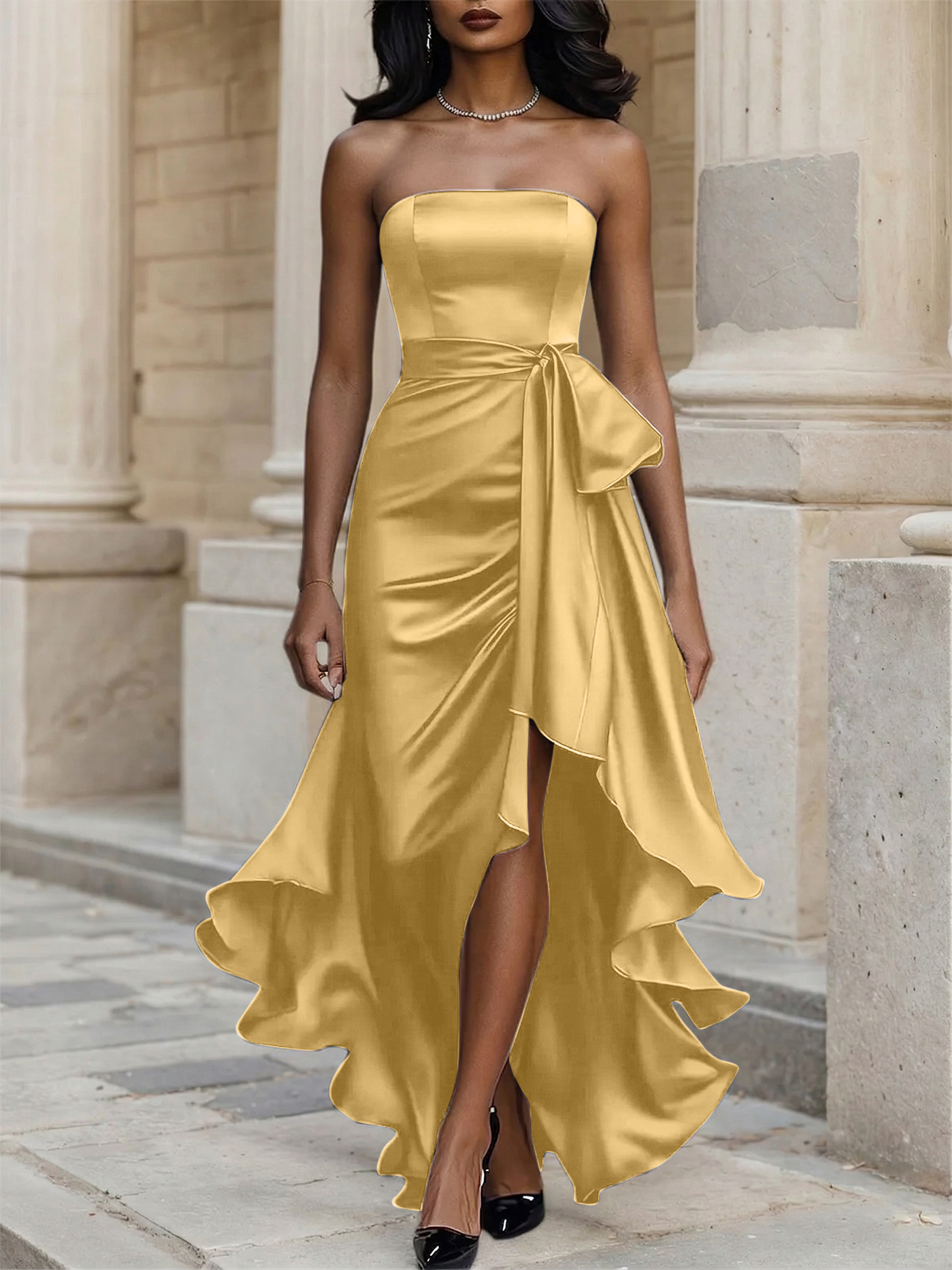 Glamorous Formal Dress Midnight Navy Strapless High-Low Satin Gown Midi Dress