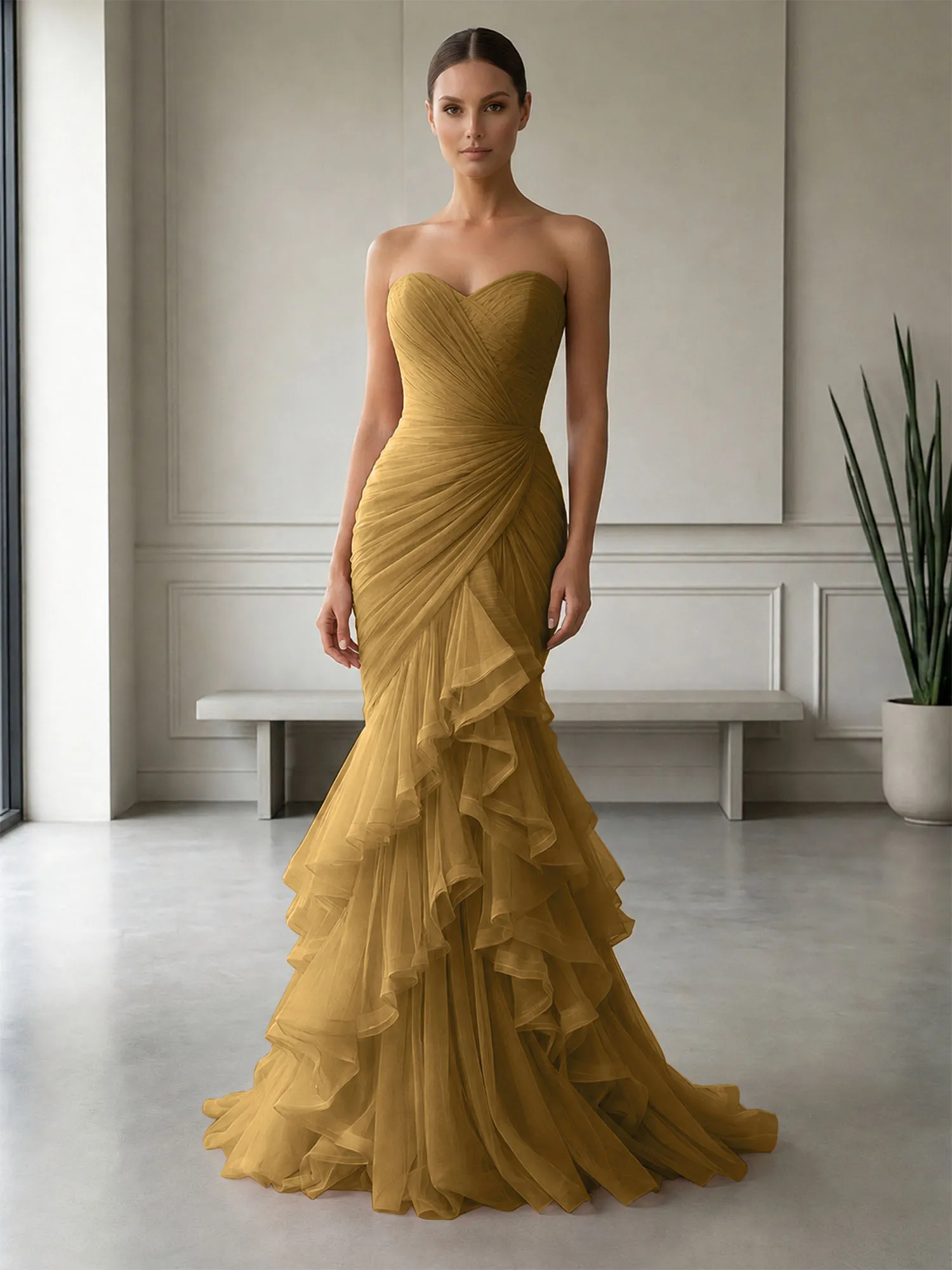 Strapless Ruched Tulle Mermaid Evening Gown Maxi Dress