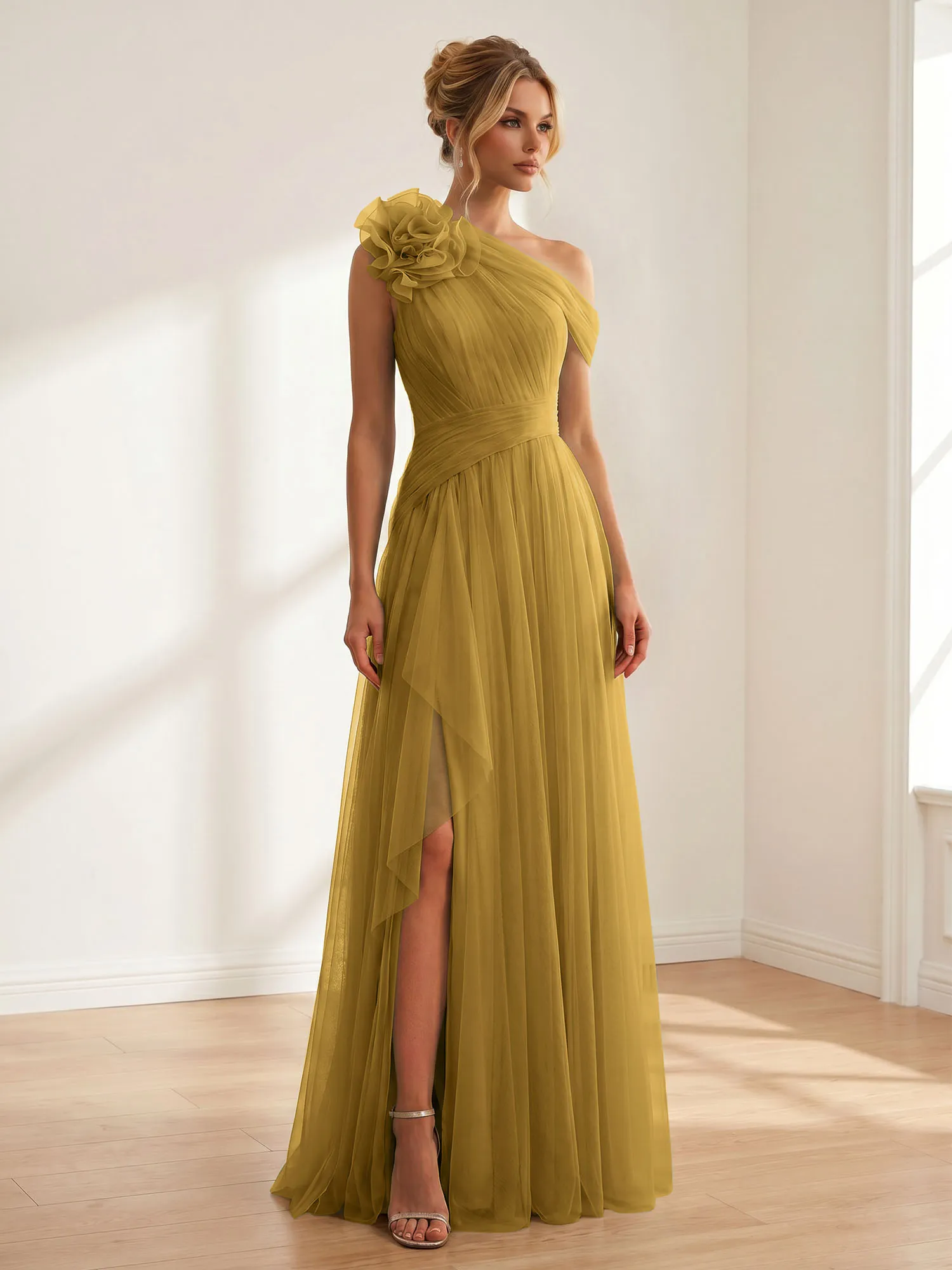 One-Shoulder Tulle Evening Gown with Floral Accent