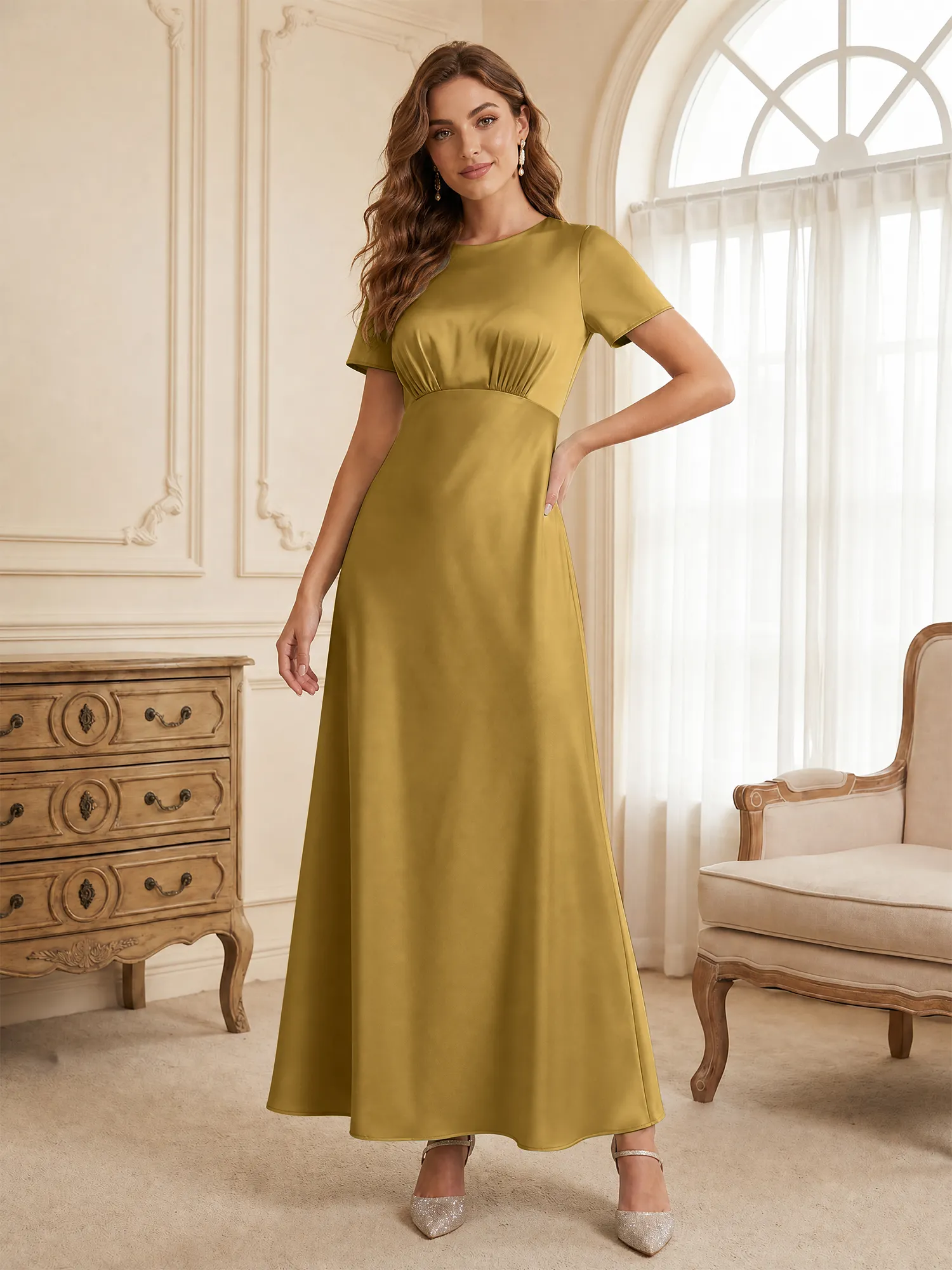 Round Neck Short Sleeve Satin Bridesmaid Dress