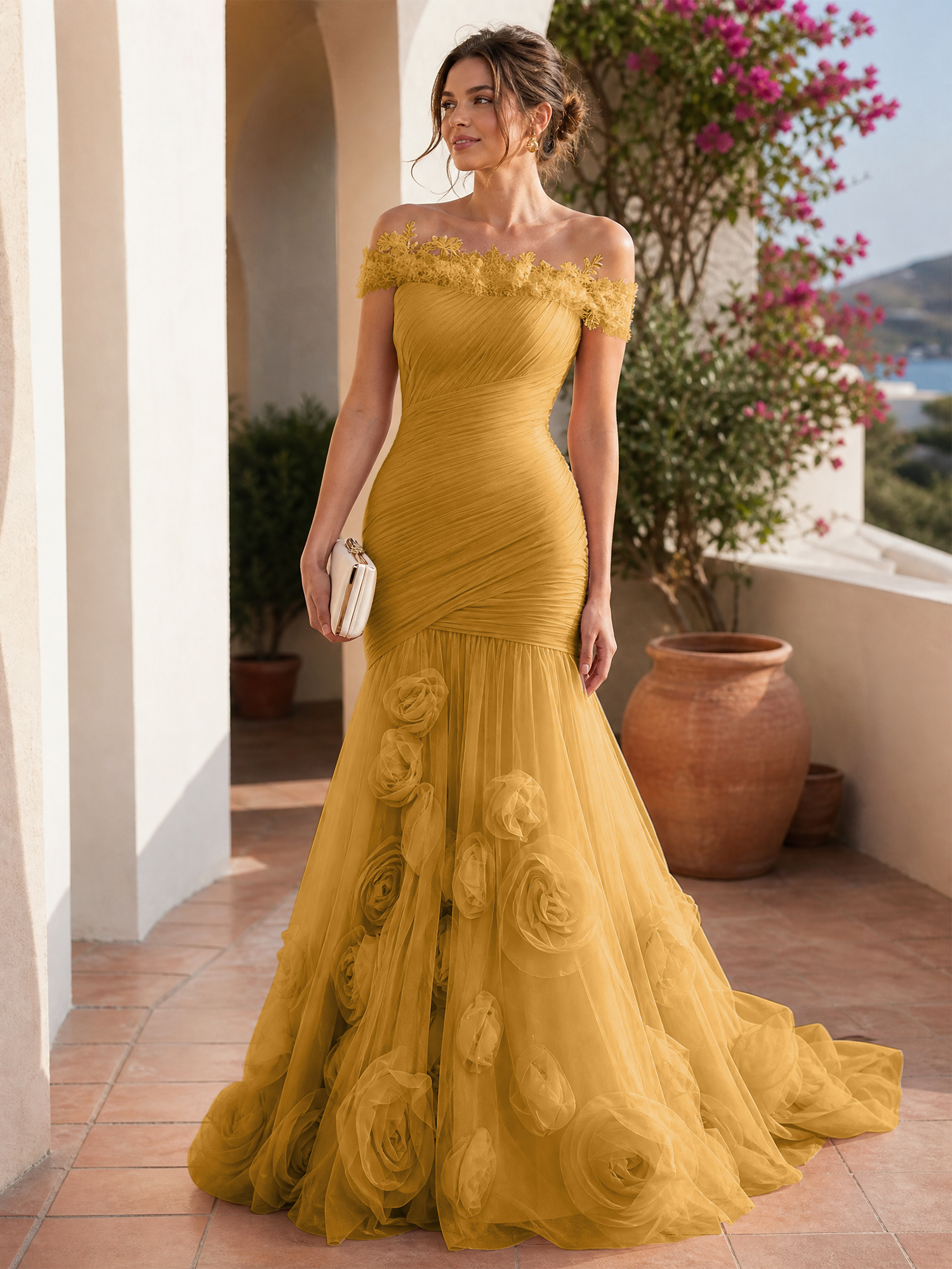 Romantic Blushing Rose Off-the-Shoulder Mermaid Formal Evening Dress 