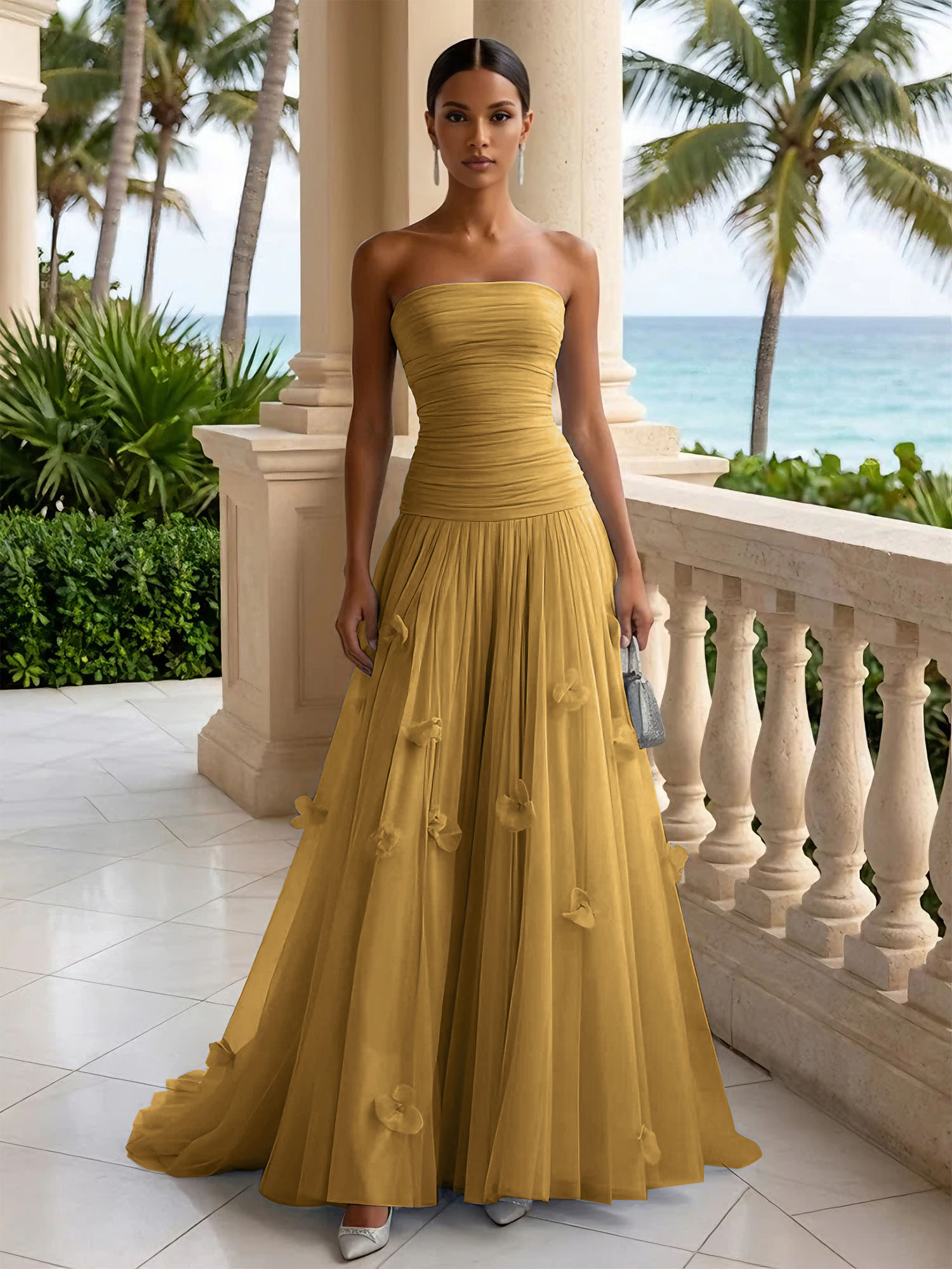Light Blue Evening Dress with 3D Flower Strapless Pleat Maxi Dress