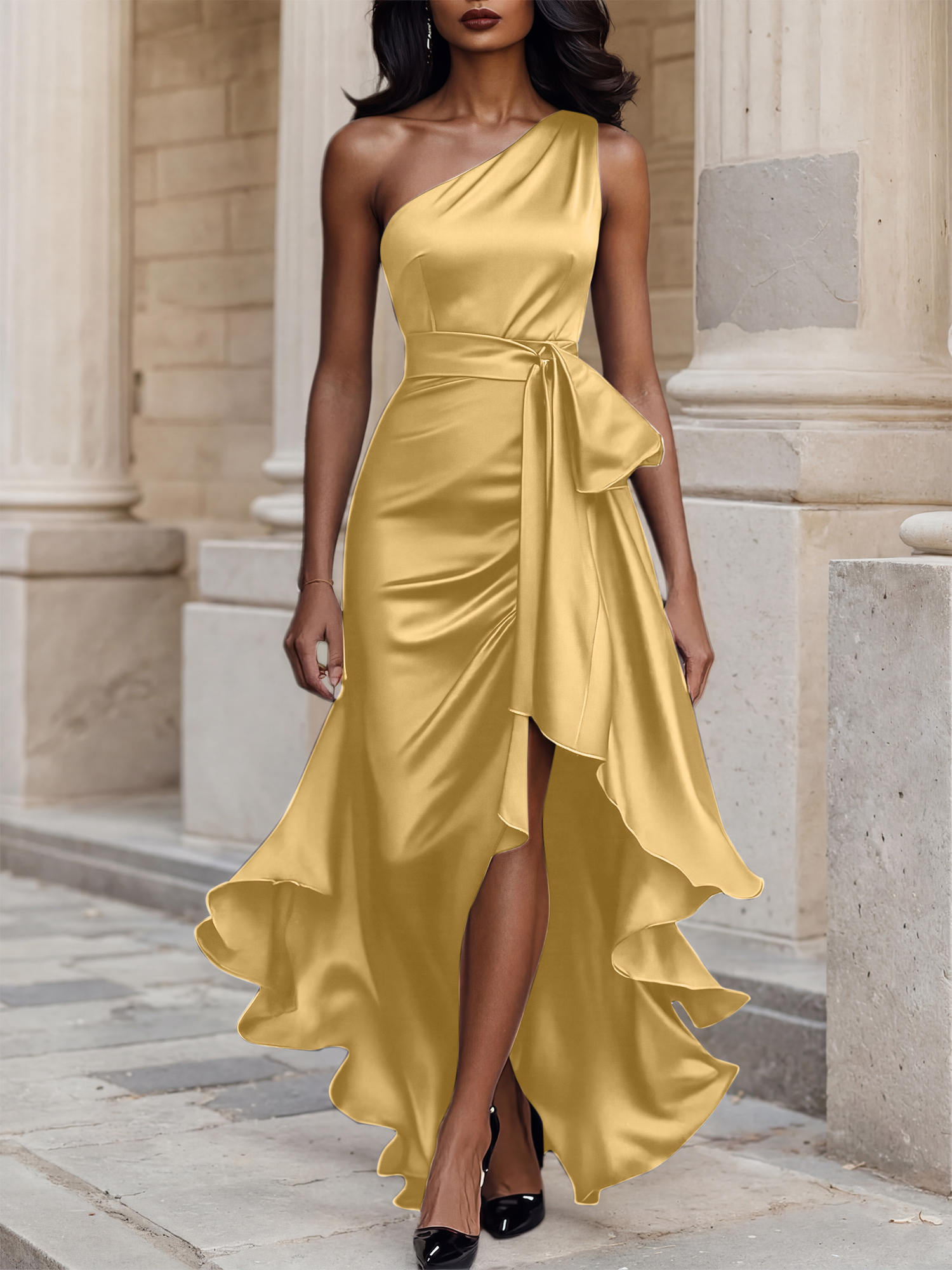 Glamorous Formal Dress Midnight Navy One Shoulder High-Low Satin Gown Midi Dress