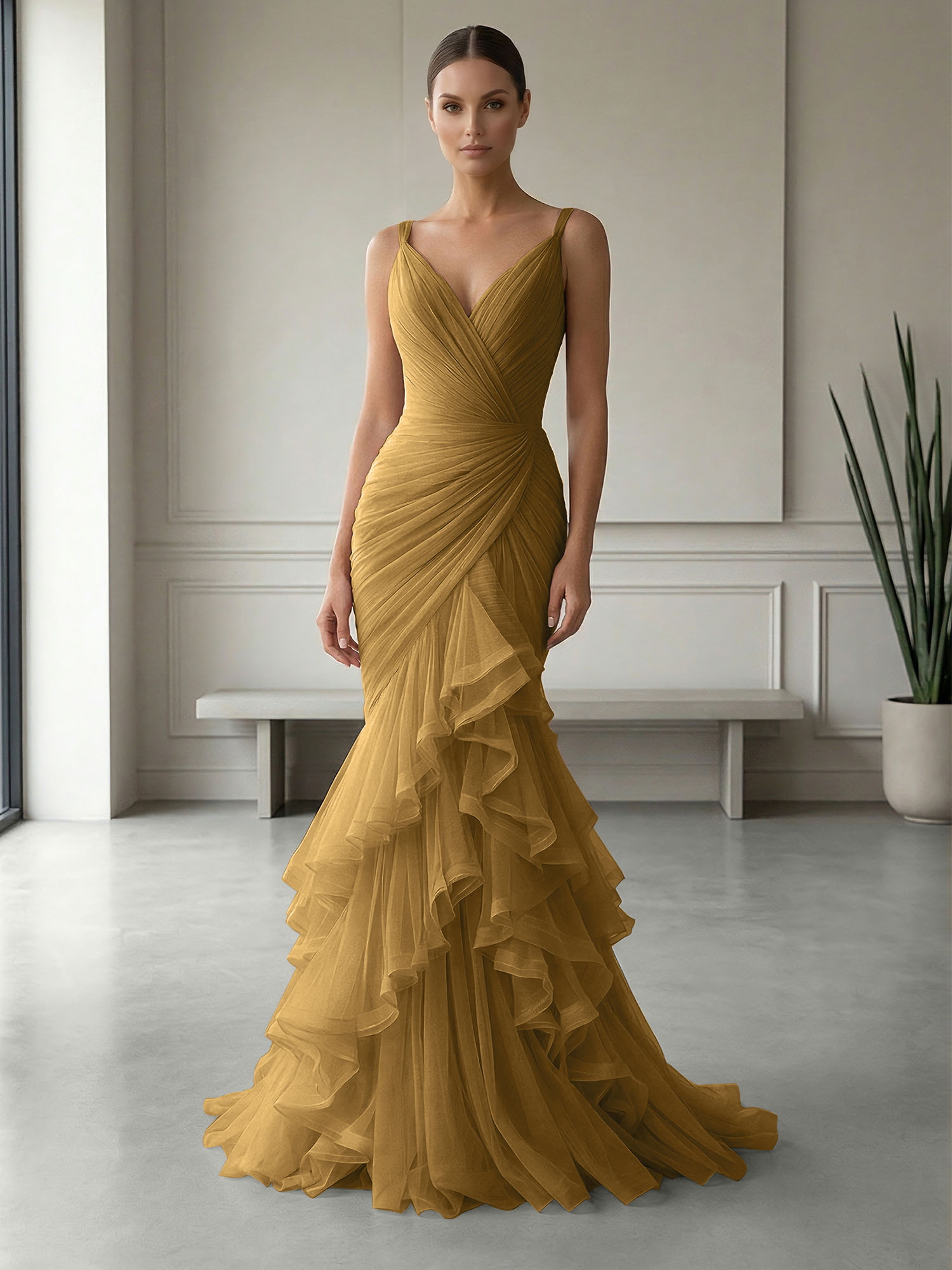 Mauve Folds Tulle Strapless Sleeveless Mermaid Gown Dress