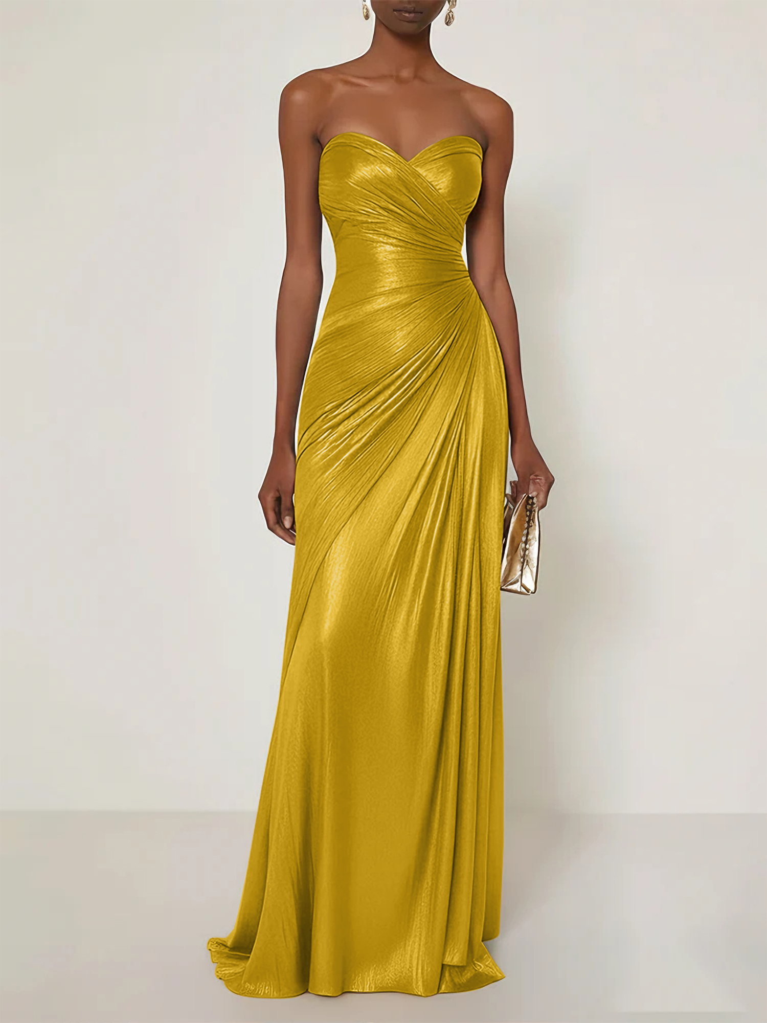 Evening Formal Dress V Neck Silk Ruffles Strapless Maxi Dress
