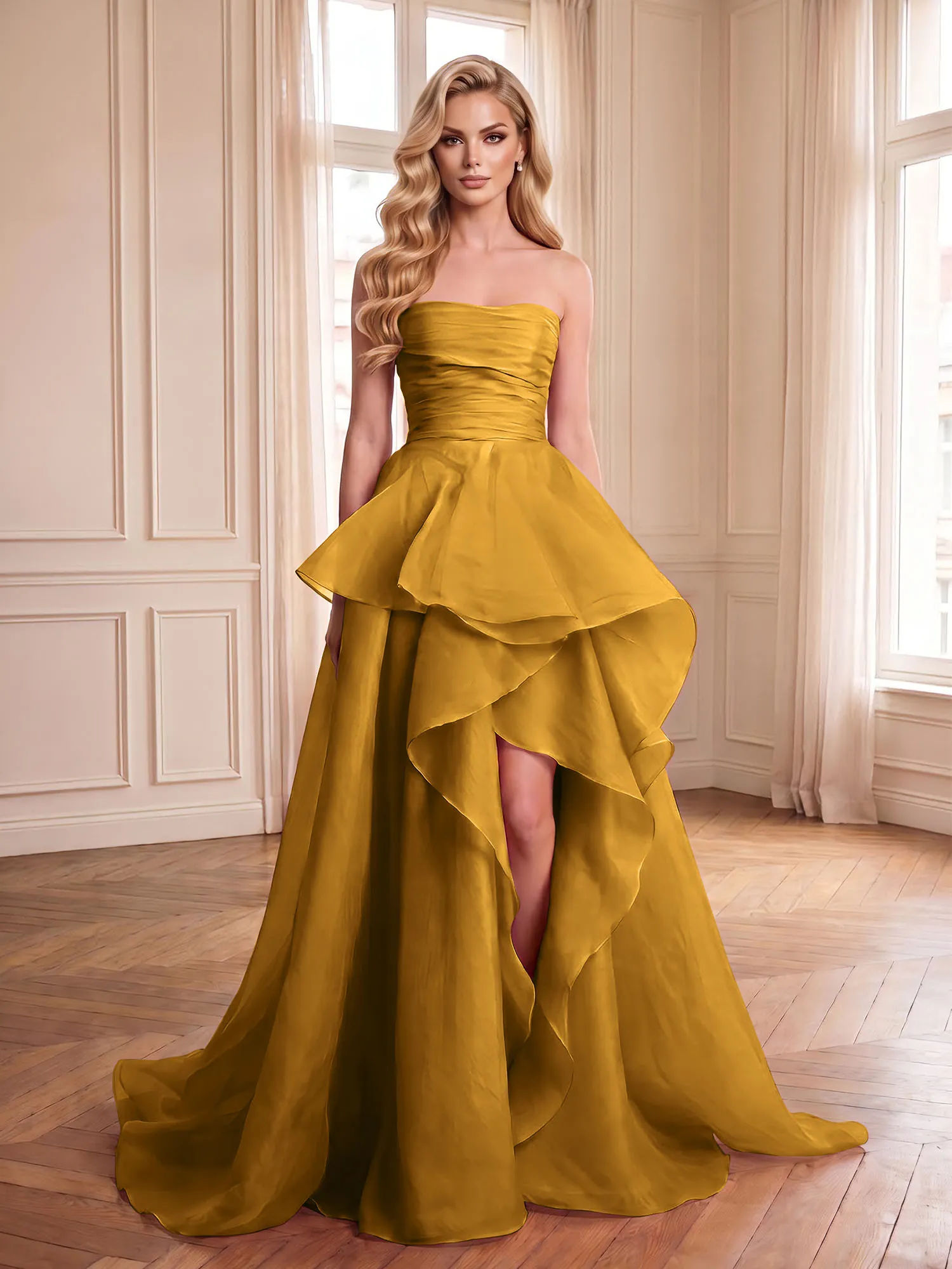 Strapless Tiered Organza Evening Gown with High Slit