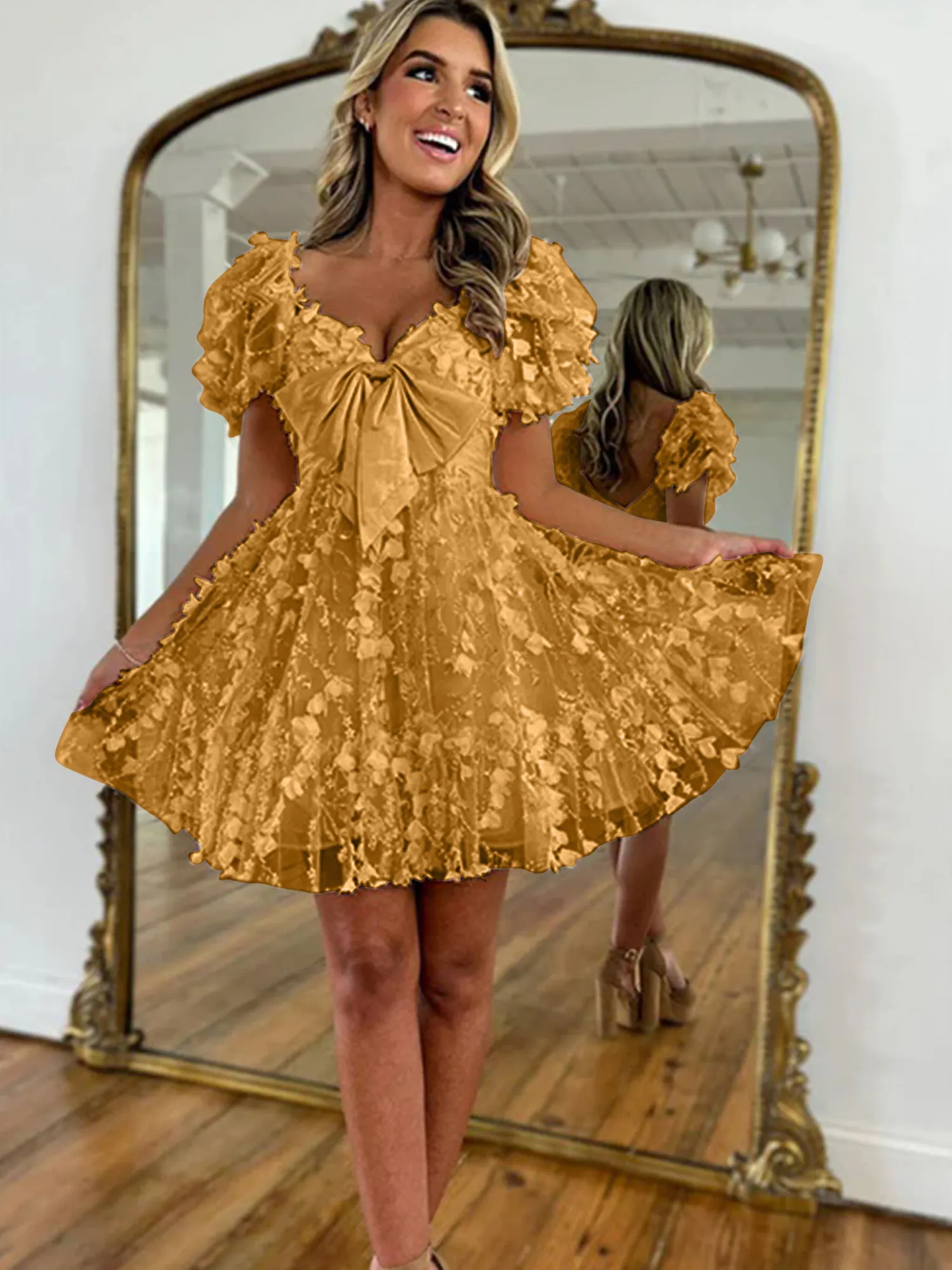 A Line Puff Sleeve 3D Floral Bow Homecoming Mini Dress