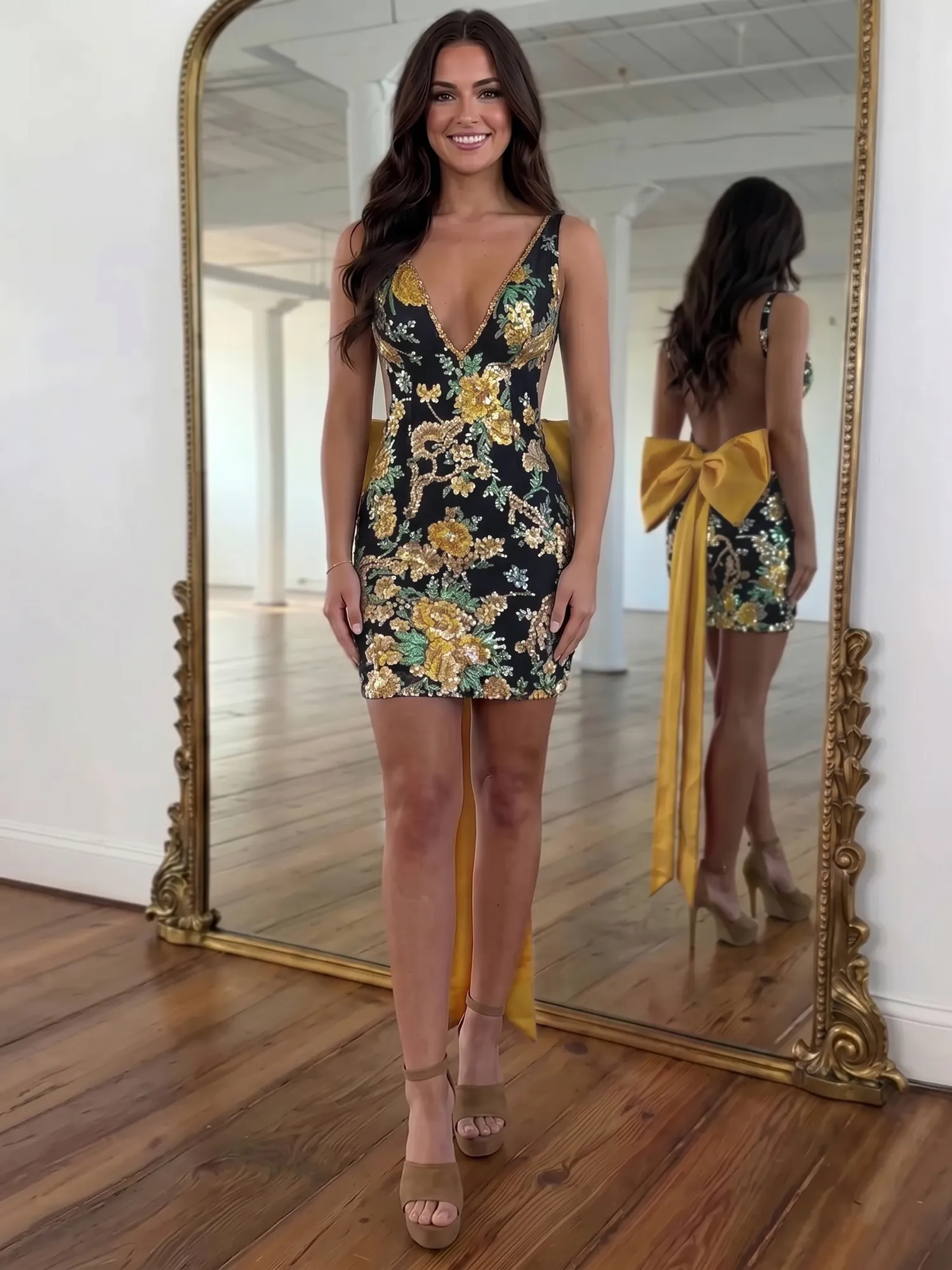 White Floral Embroidered Deep V-Neck Homecoming Dress with Oversized Bow Train