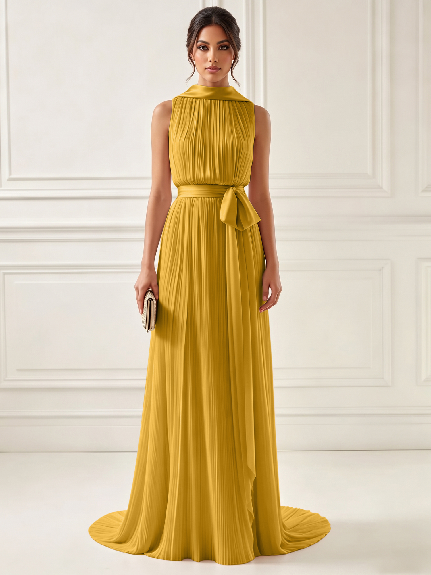 Ethereal Pleated Pastel Pink High Neck Maxi Formal Evening Dress with Satin Sash