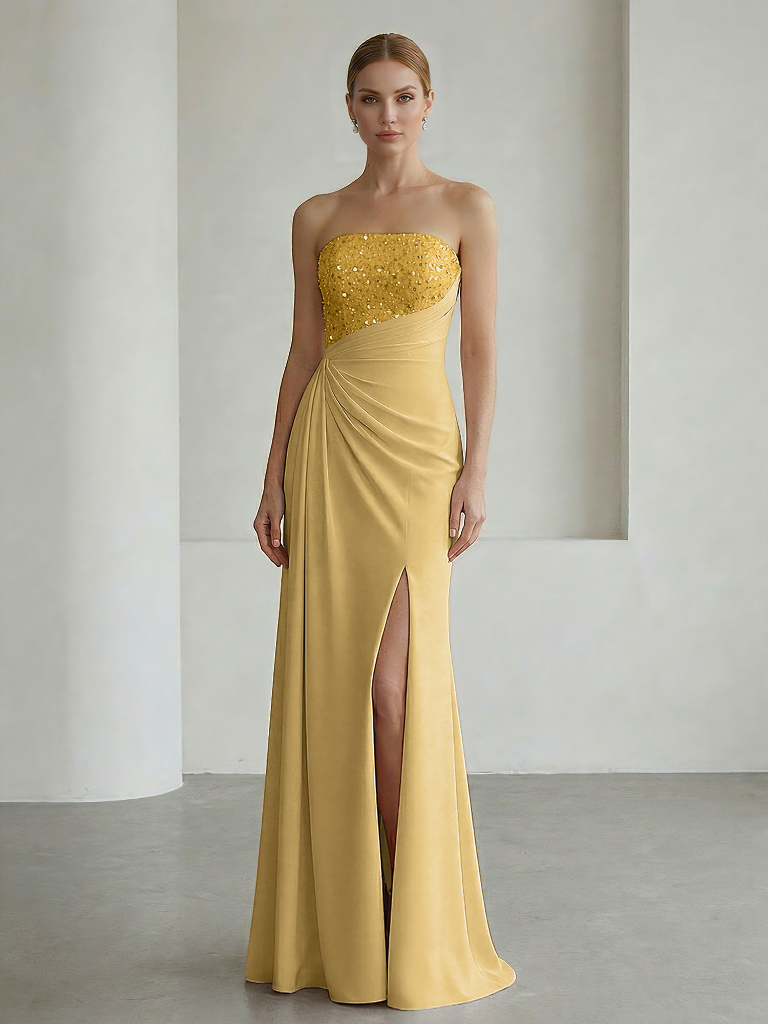 Glamorous Formal Evening Dress Soft Blush Beaded Strapless Slit Gown