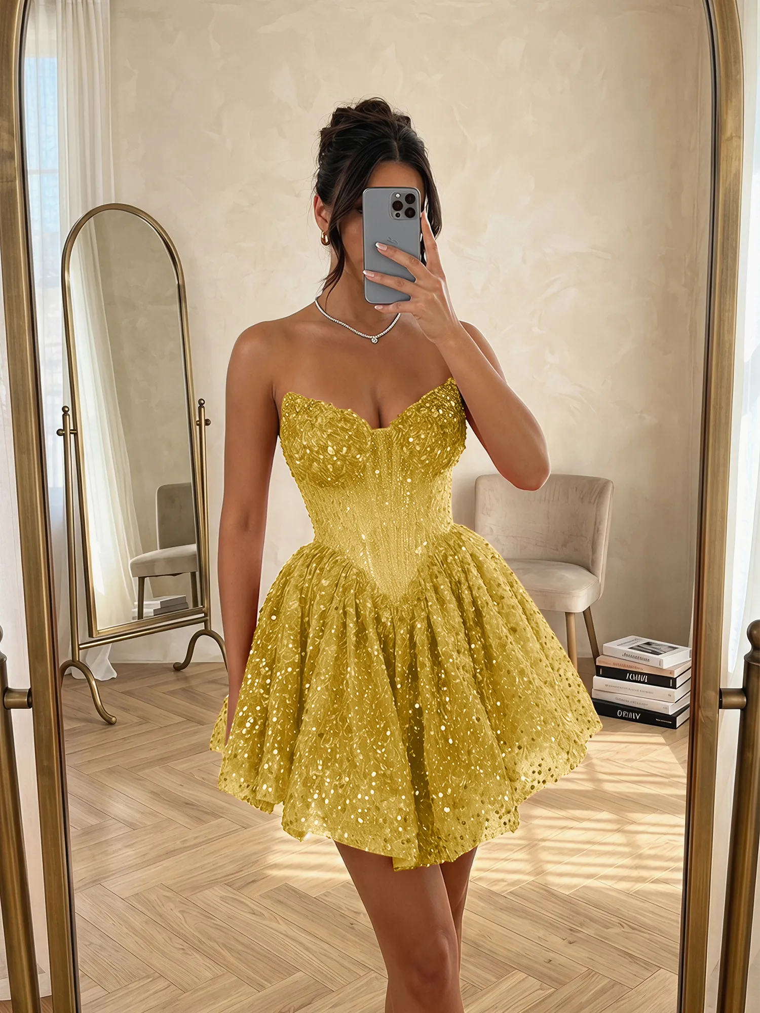 Strapless Sequin Pearl Corset Homecoming Dress with Lace-Up Back
