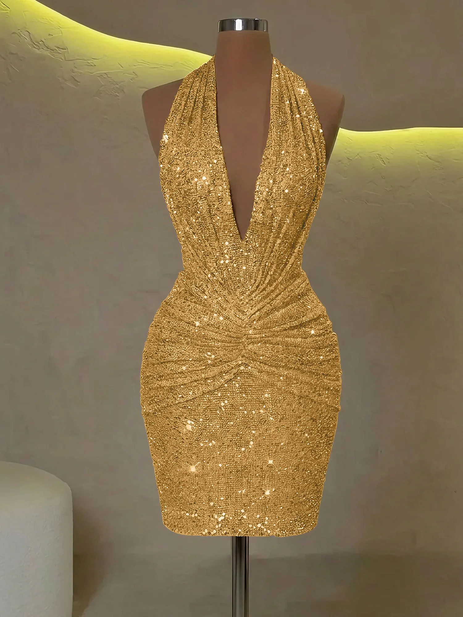 Sequin Halter Deep V-Neck Bodycon Homecoming Dress Mini Dress
