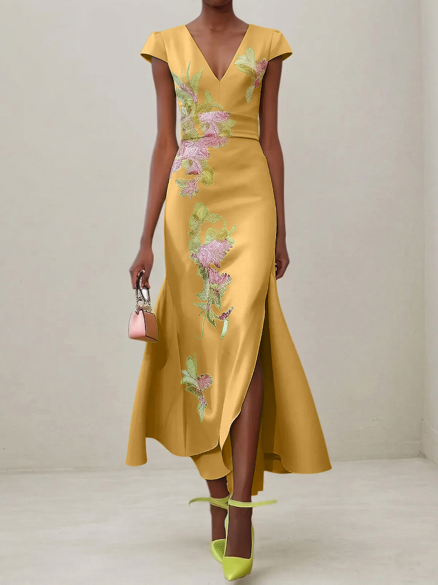 Elegant V-Neck Cap Sleeve Satin Midi Gown with Floral Embroidery & High Slit