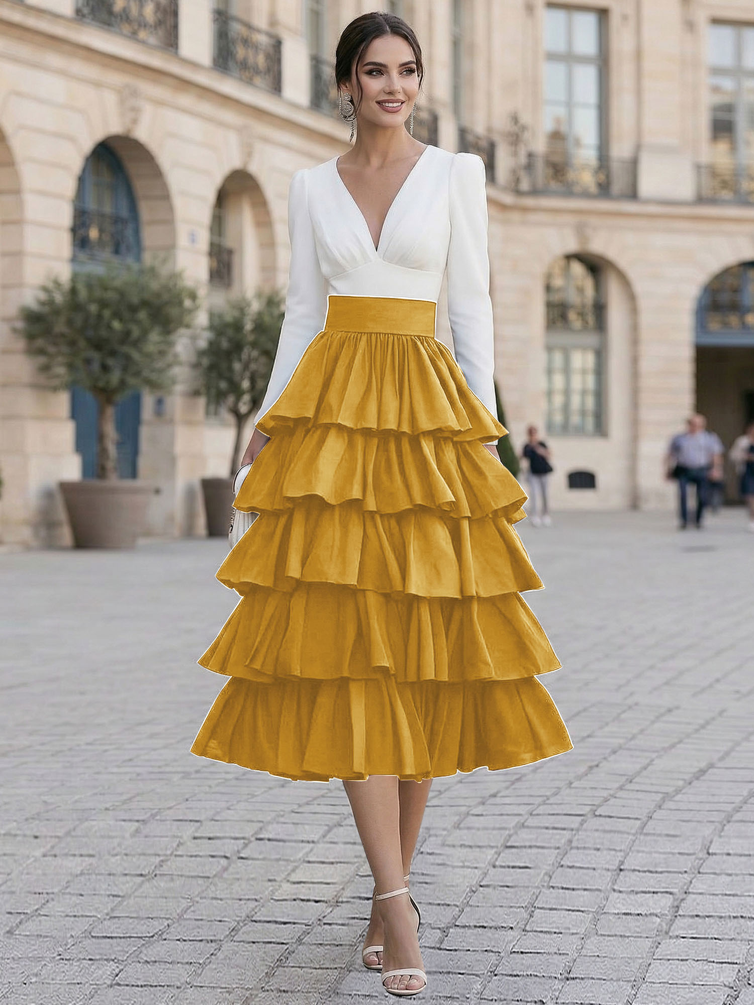 Elegant V-Neck Long Sleeve Tiered Ruffle Midi Dress with Contrast Waistband