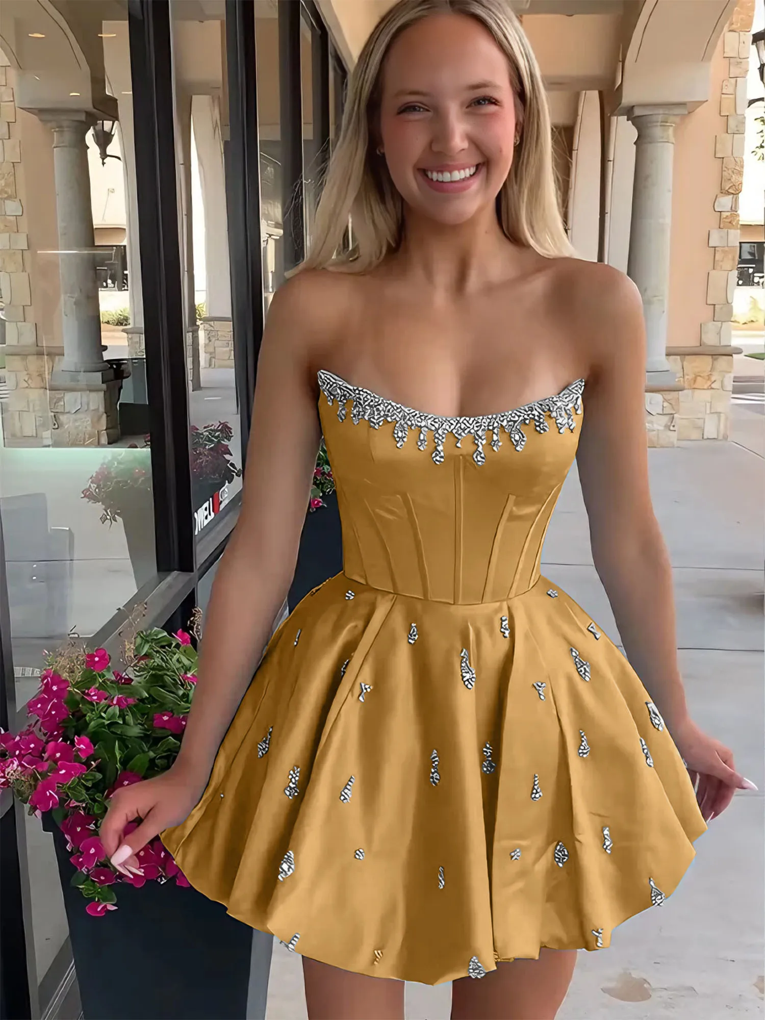 Strapless Beaded Corset Lace-Up Back Satin Homecoming Dress