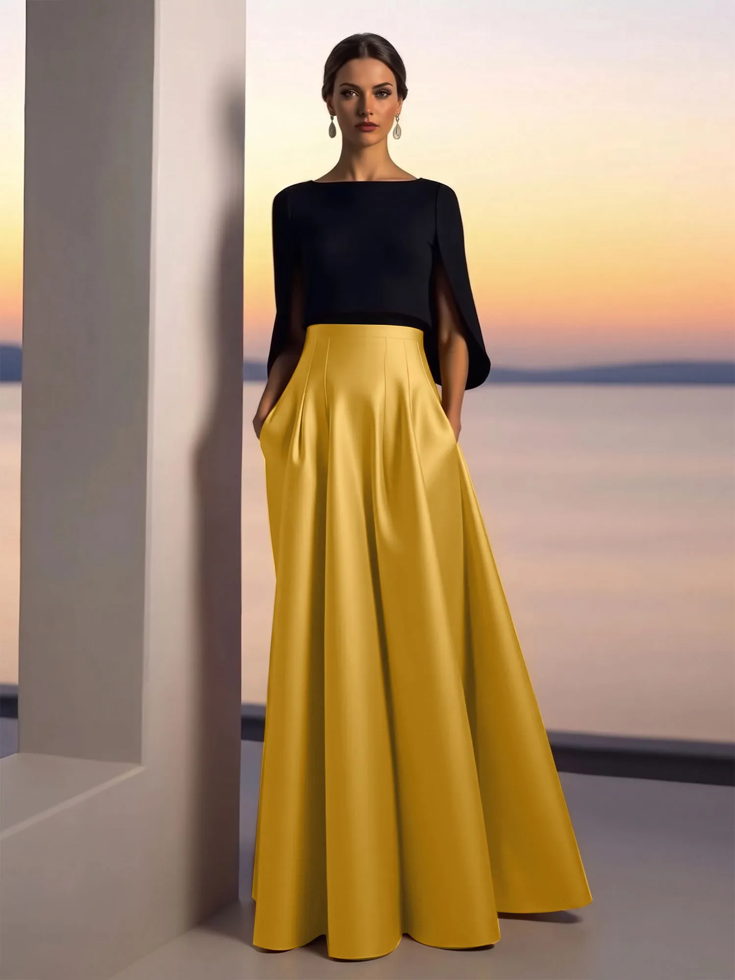 Two-Piece Cape Sleeve Satin Ball Gown Evening Dress