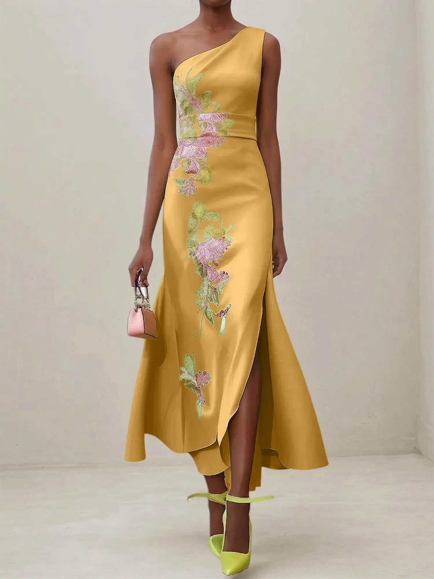 Elegant One Shoulder Cap Sleeve Satin Midi Gown with Floral Embroidery & High Slit
