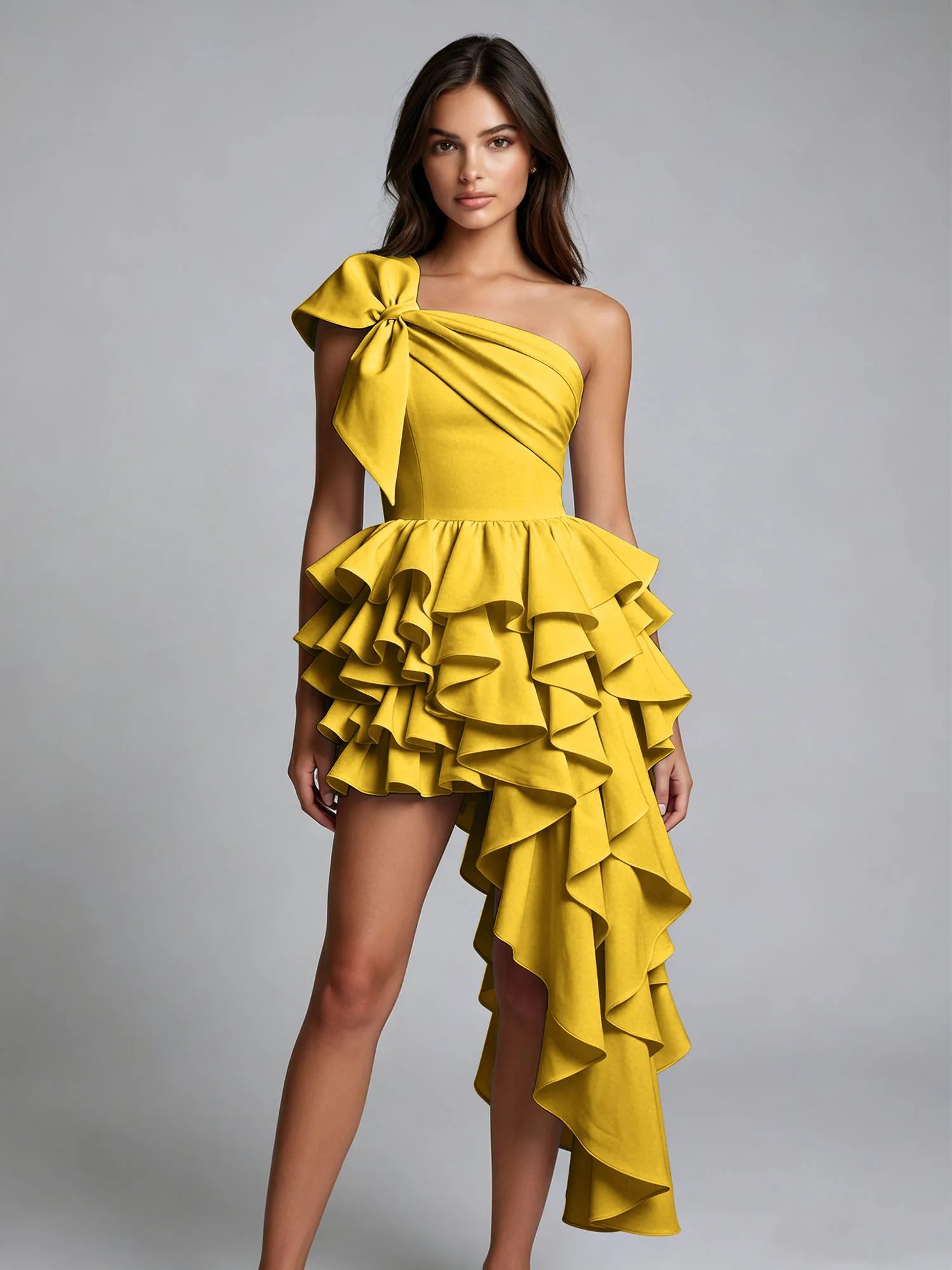 One-Shoulder Bow Tiered Ruffle Asymmetrical Homecoming Dress