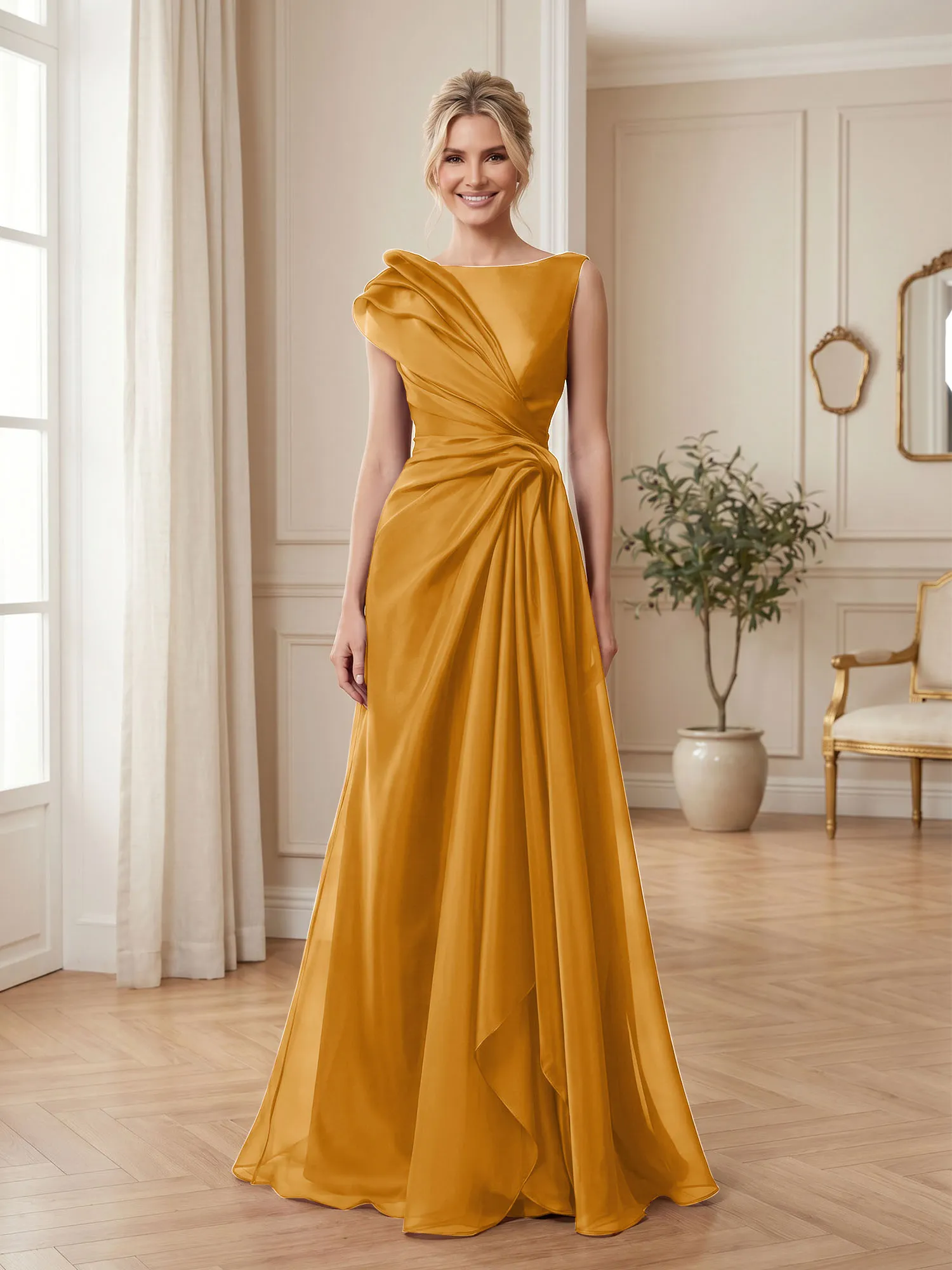 A Line Ruched Draped Tulle Evening Gown