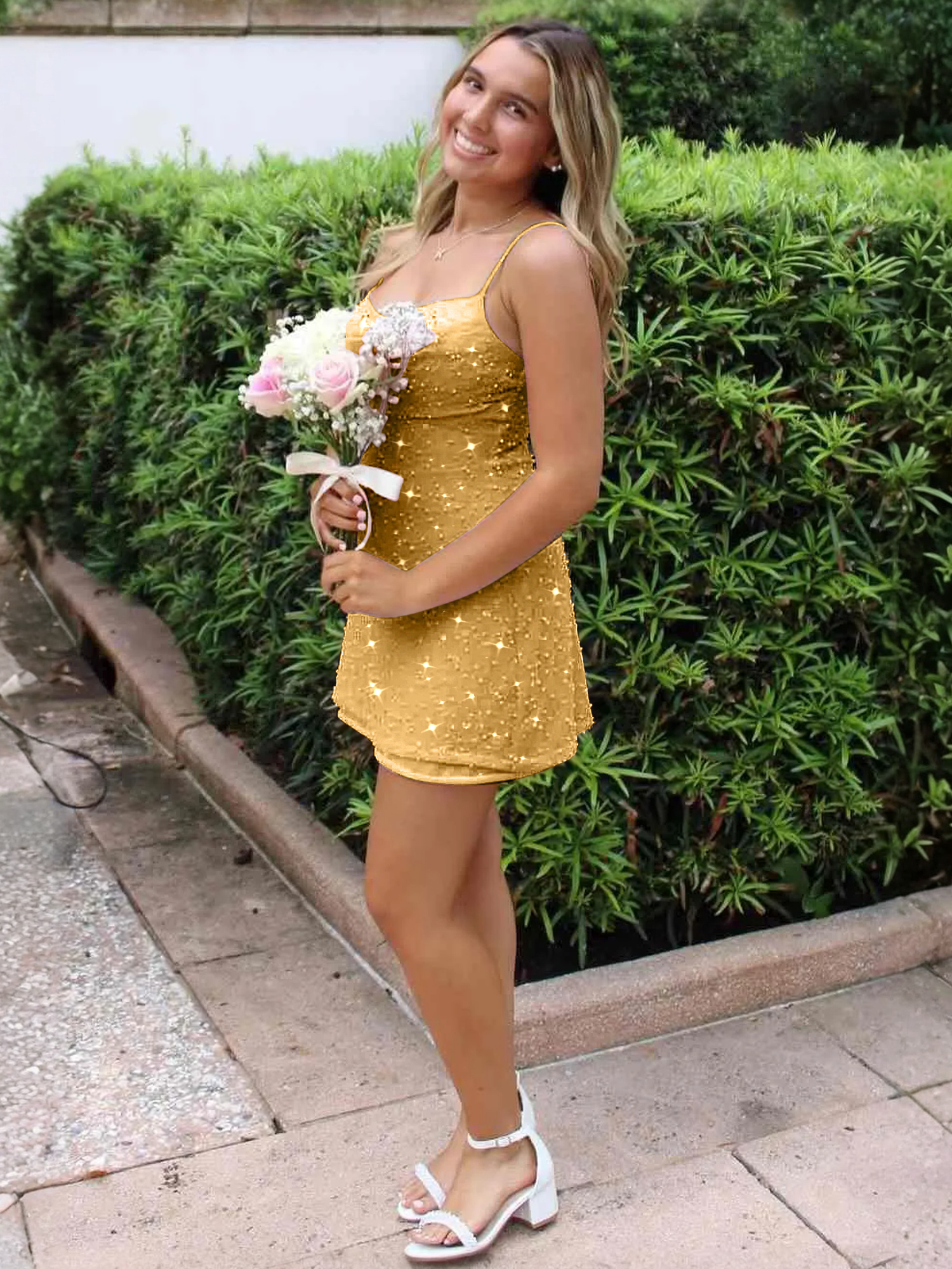 Romantic Blush Pink Sequin Homecoming Dress with Delicate Spaghetti Straps and Soft Feminine Sparkle