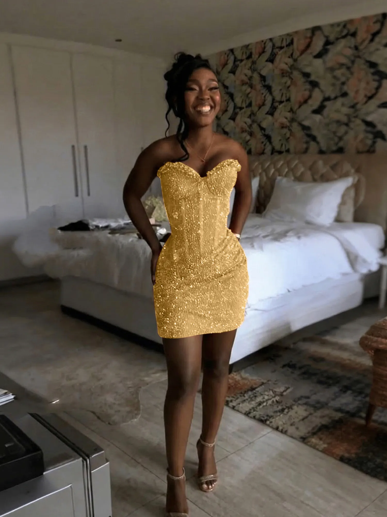 Glitter Strapless Mermaid Sequined Short Homecoming Mini Dress