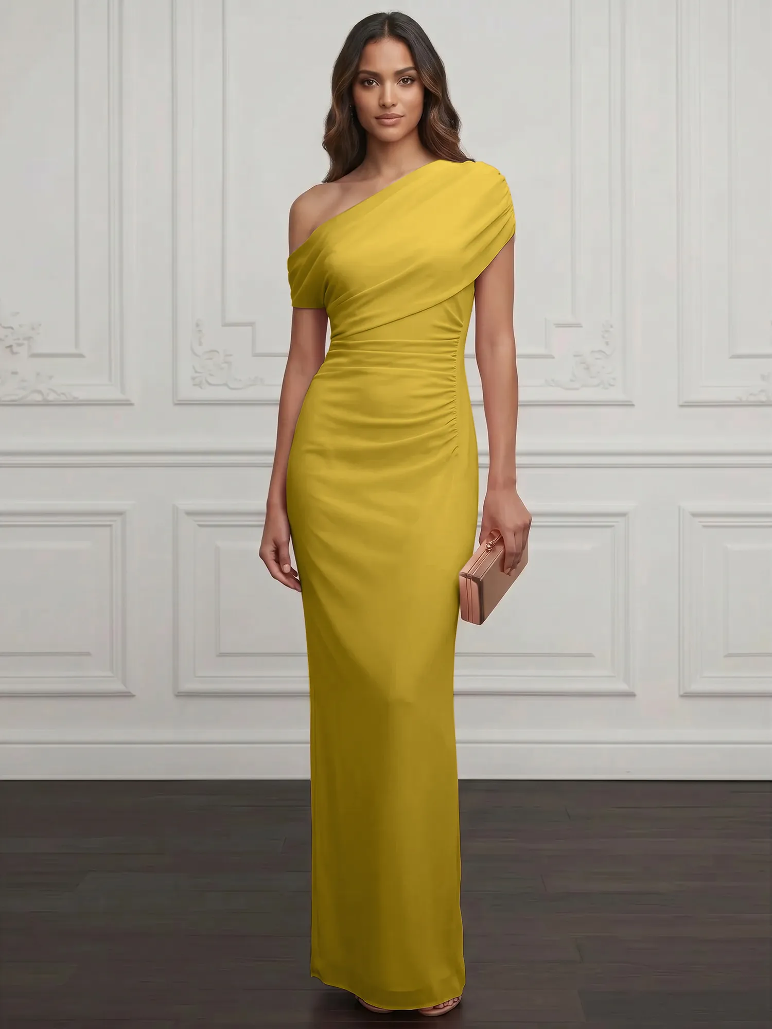 One-Shoulder Draped Chiffon Evening Gown