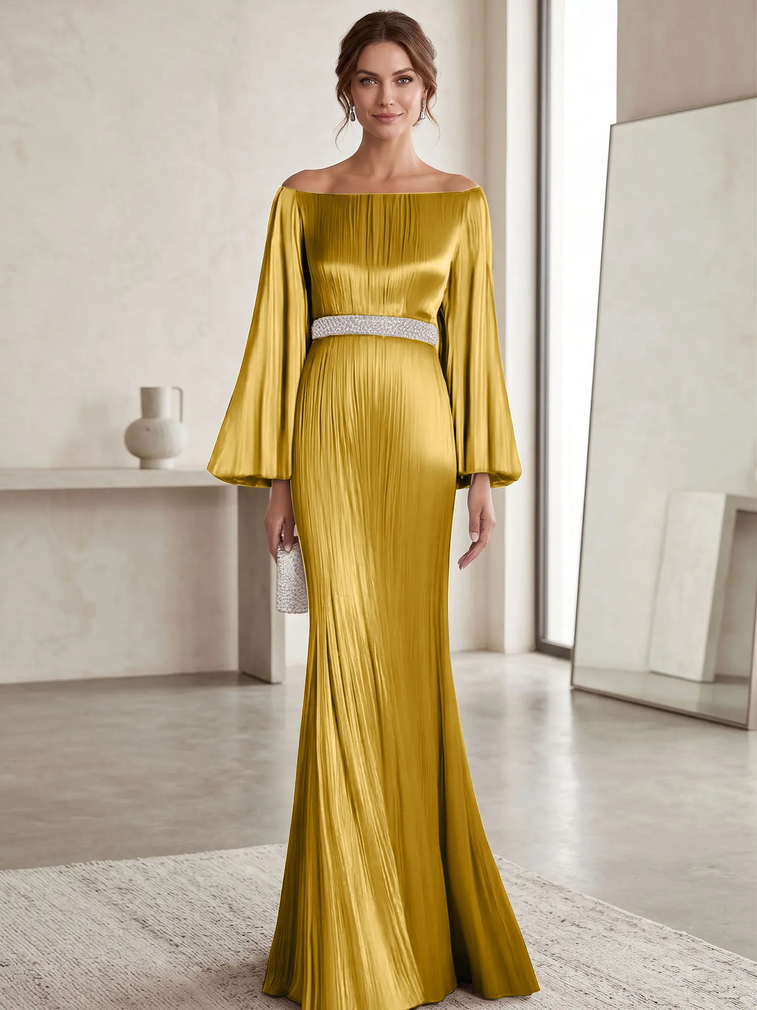 Off-the-Shoulder Pleated Satin Evening Gown with Beaded Waistband