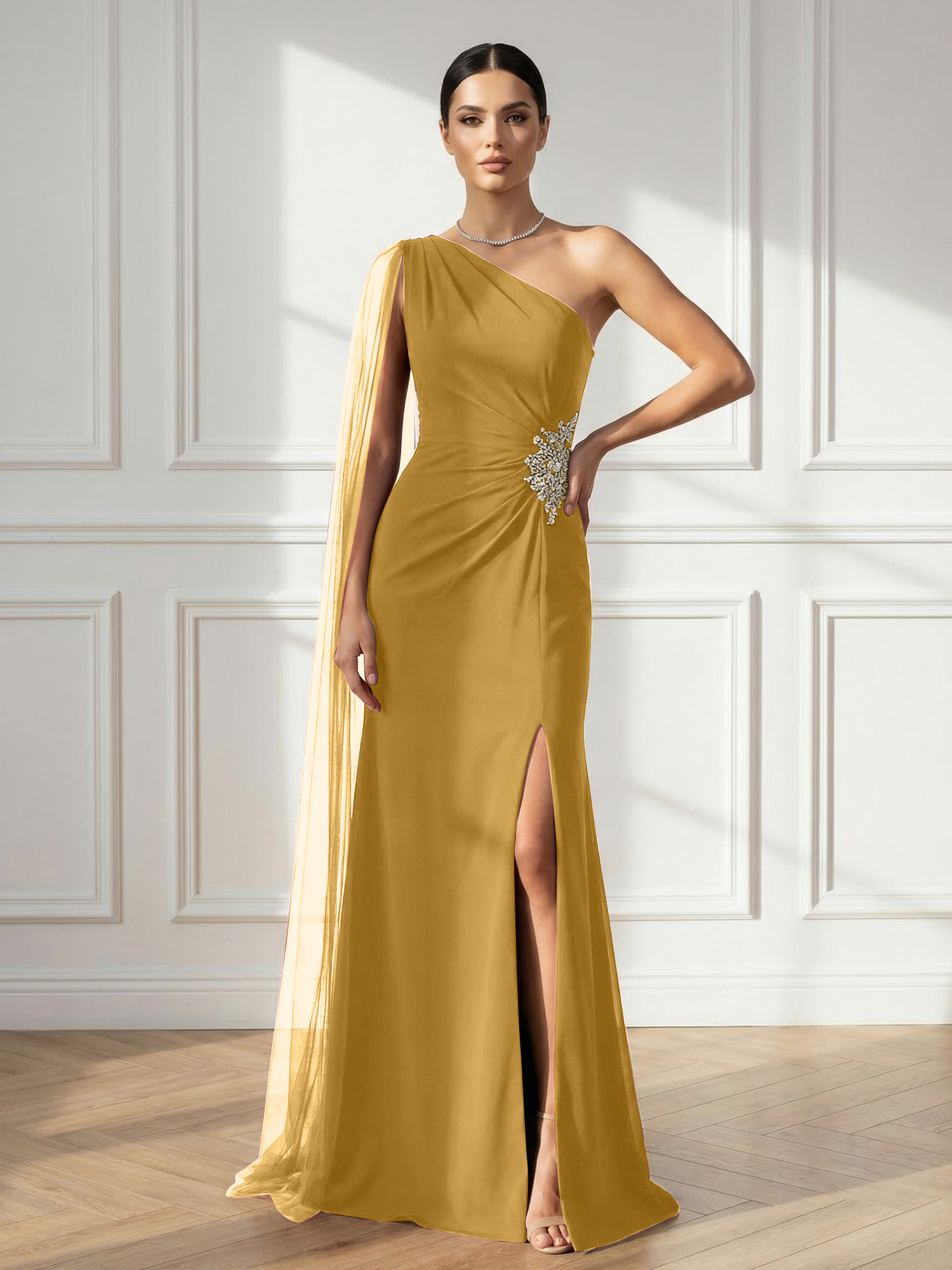 Formal Evening Dress Burgundy One Shoulder Slit Maxi Dress Gown